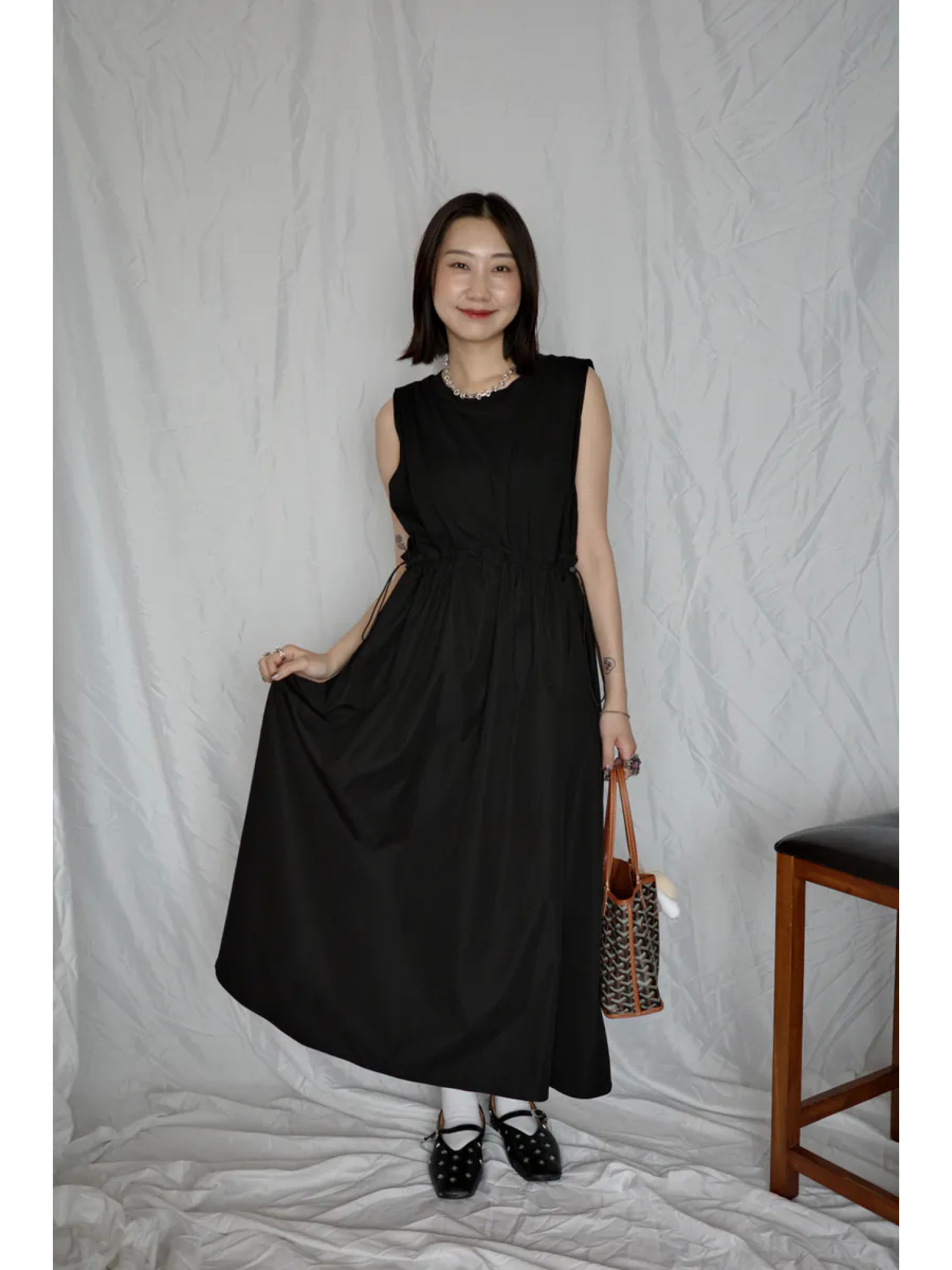 🇯🇵異材質拼接無袖洋裝/黑L