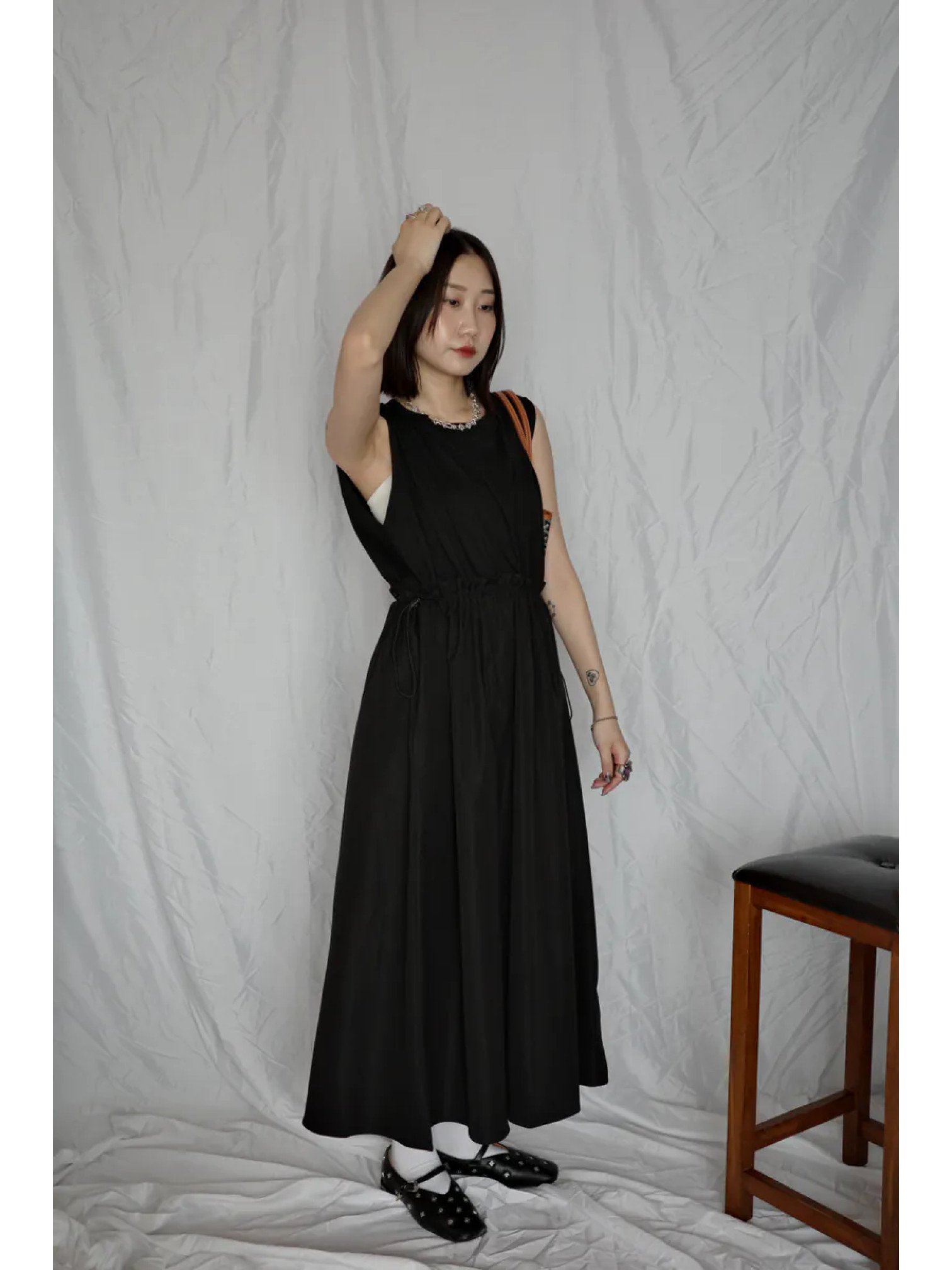 🇯🇵異材質拼接無袖洋裝/黑L