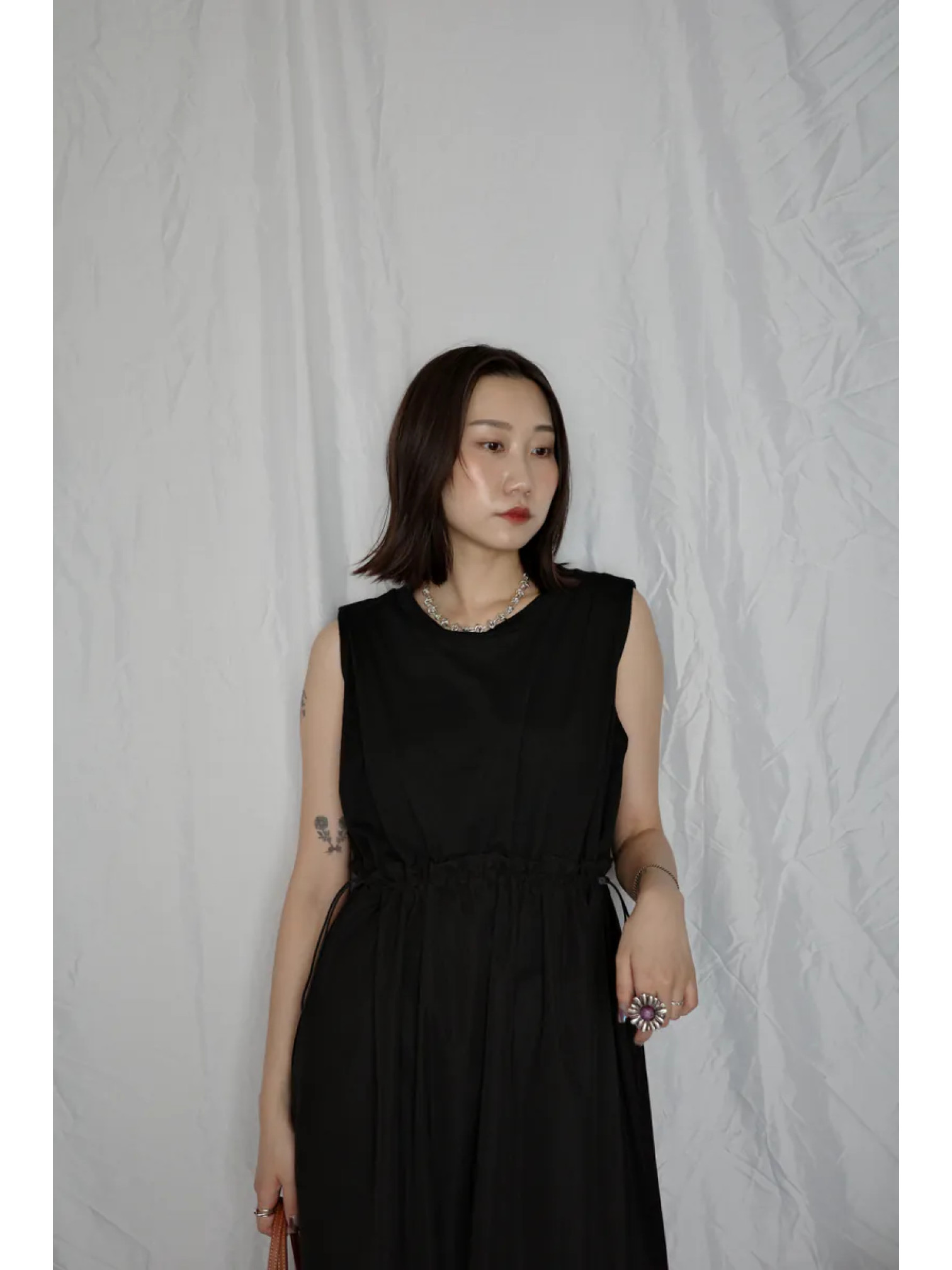 🇯🇵異材質拼接無袖洋裝/黑L