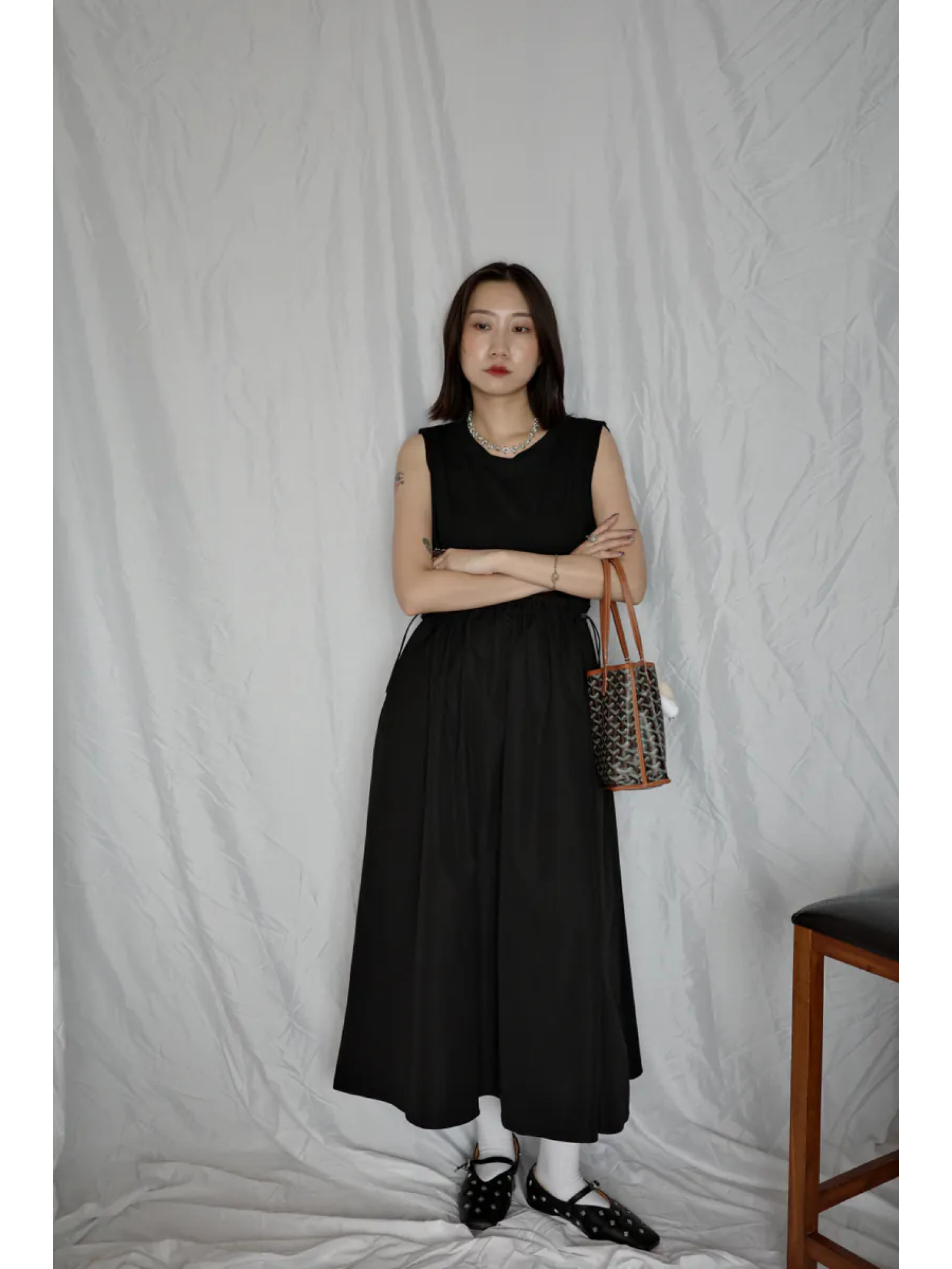 🇯🇵異材質拼接無袖洋裝/黑L