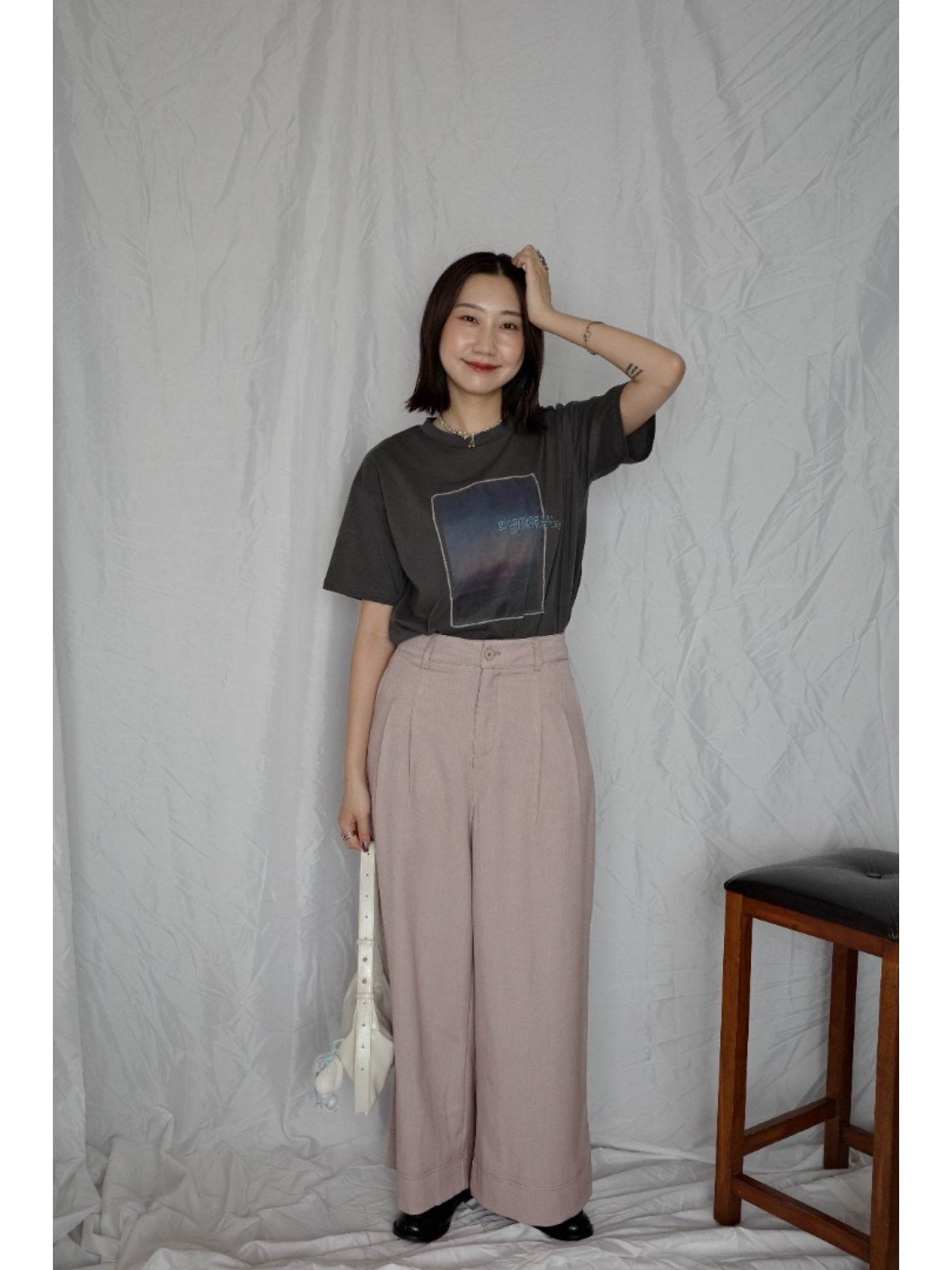 🇯🇵車線造型斜紋寬褲/白