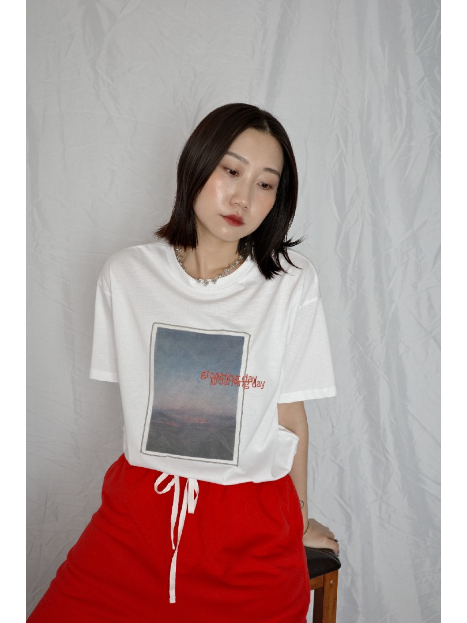 🇯🇵薄紗日落印花短T/白