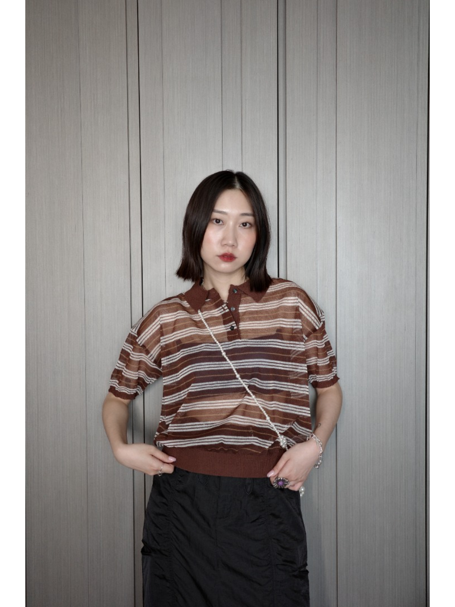 🇯🇵條紋POLO領透透針織衫/白