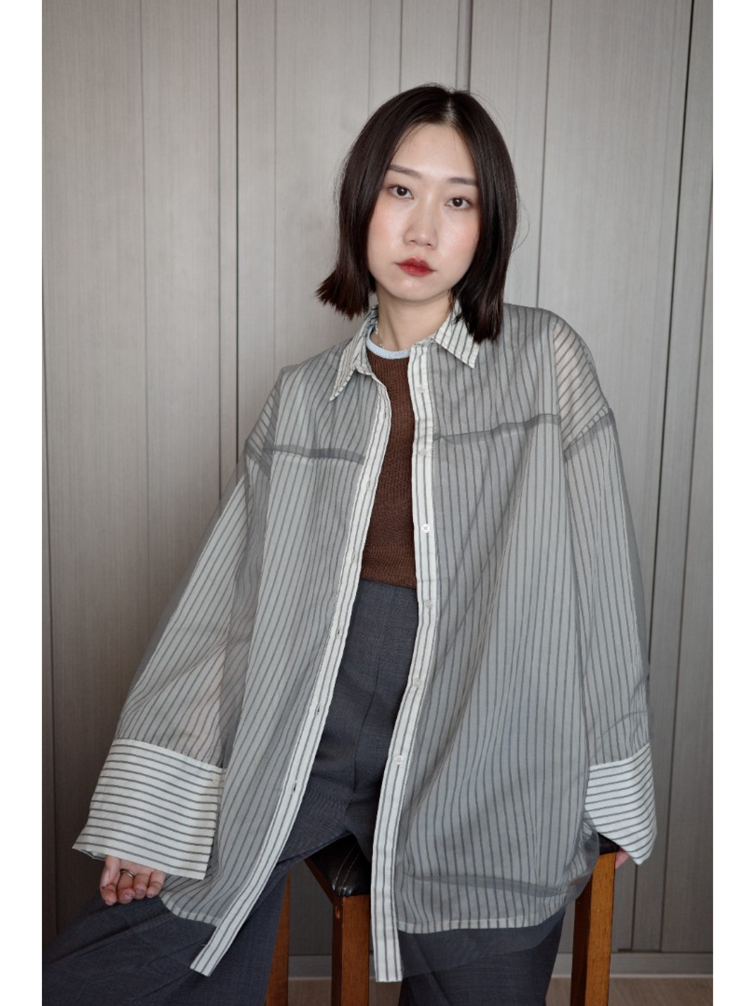 🇯🇵透感條紋襯衫/白x黑