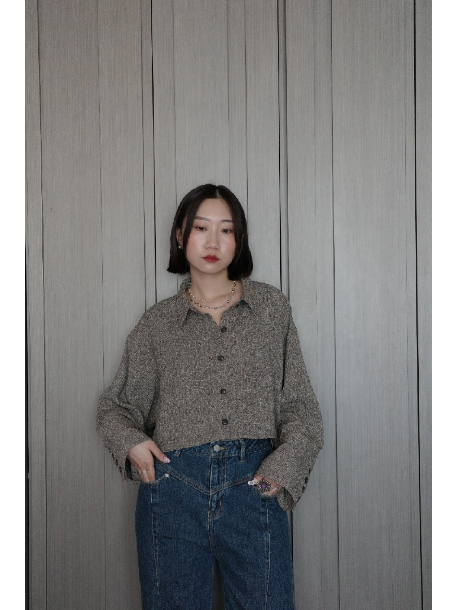 🇯🇵夏季斜紋寬袖口短版襯衫/棕