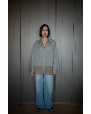 🇯🇵光澤透膚雙層襯衫/綠咖