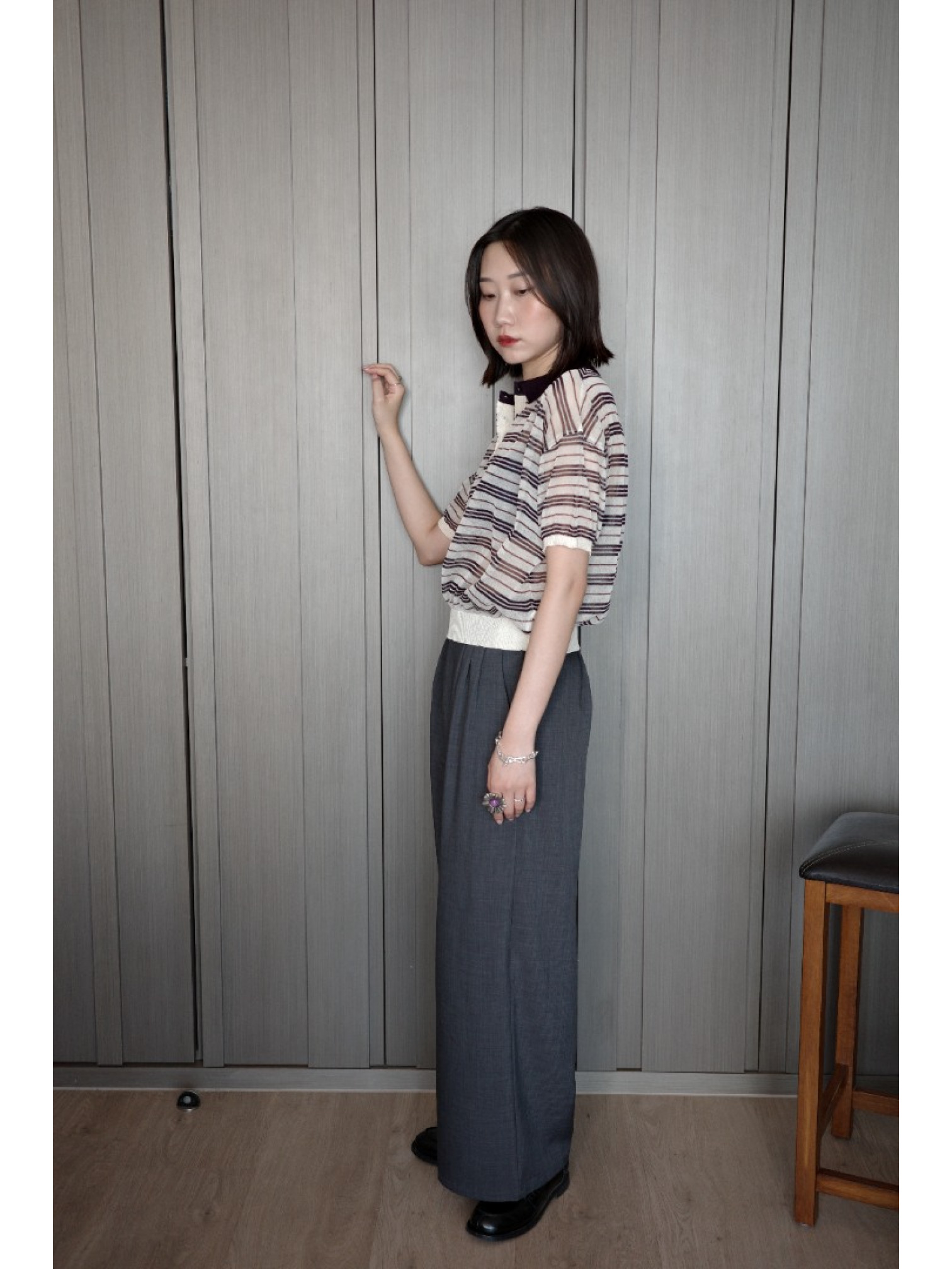 🇯🇵條紋POLO領透透針織衫/白