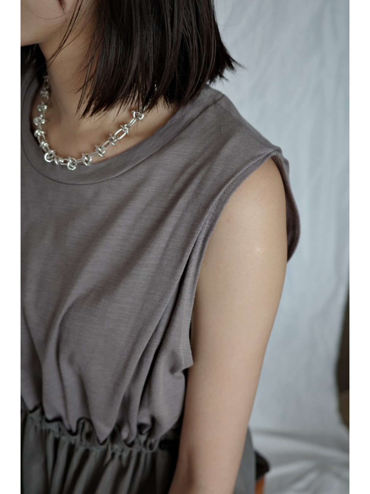 🇯🇵異材質拼接無袖洋裝/灰L