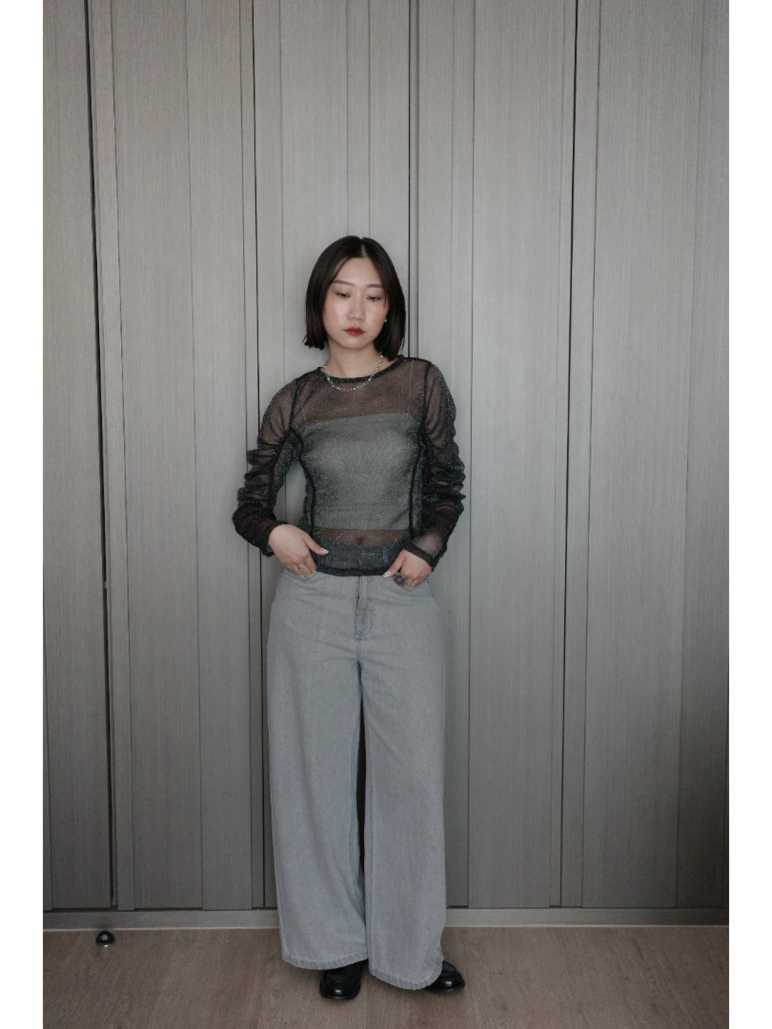 🇯🇵亮線薄紗泡泡袖透膚上衣/三色