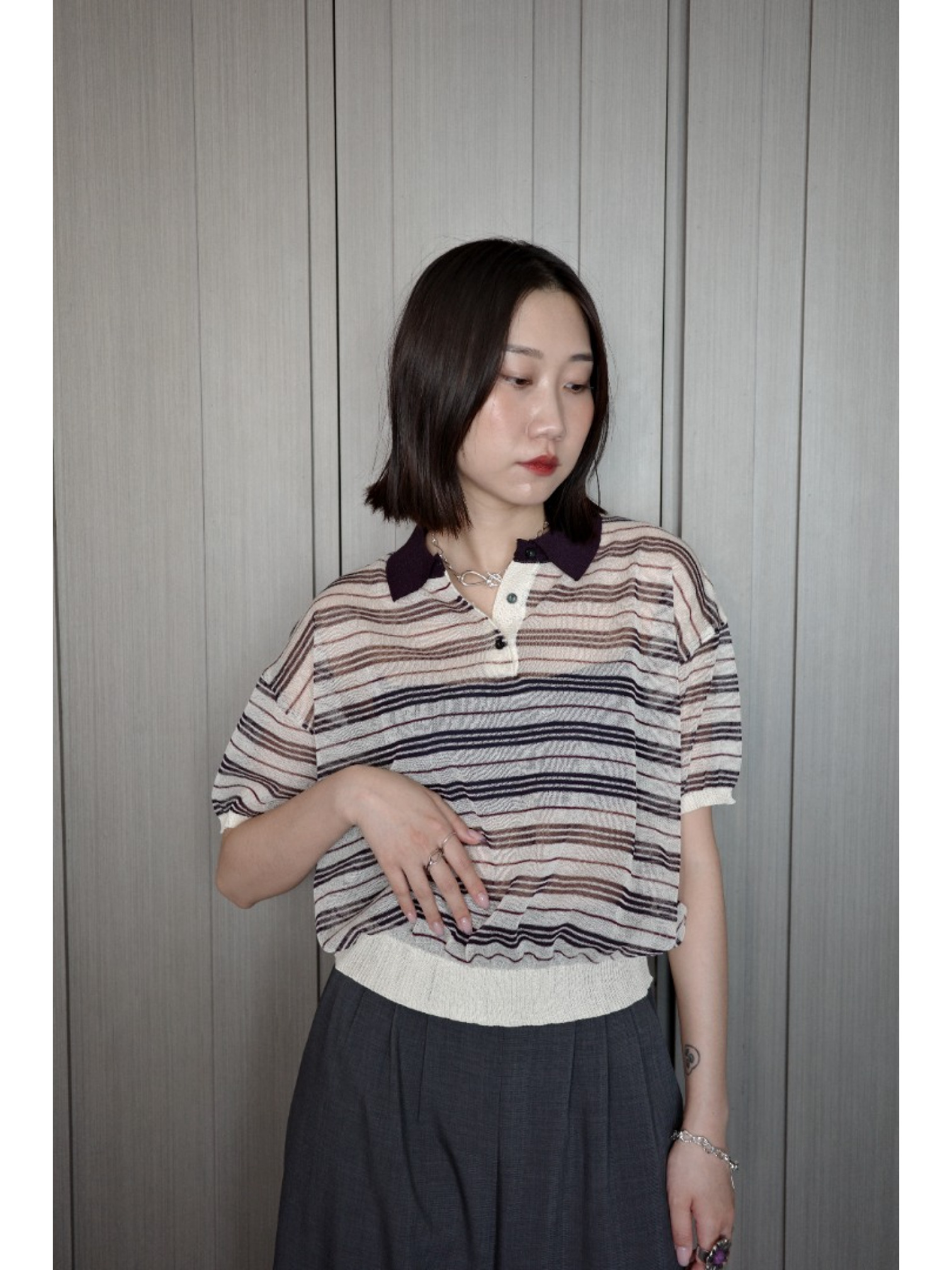 🇯🇵條紋POLO領透透針織衫/白