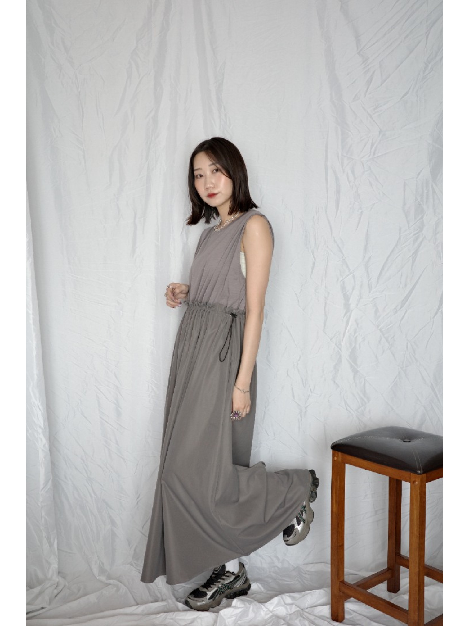 🇯🇵異材質拼接無袖洋裝/灰L