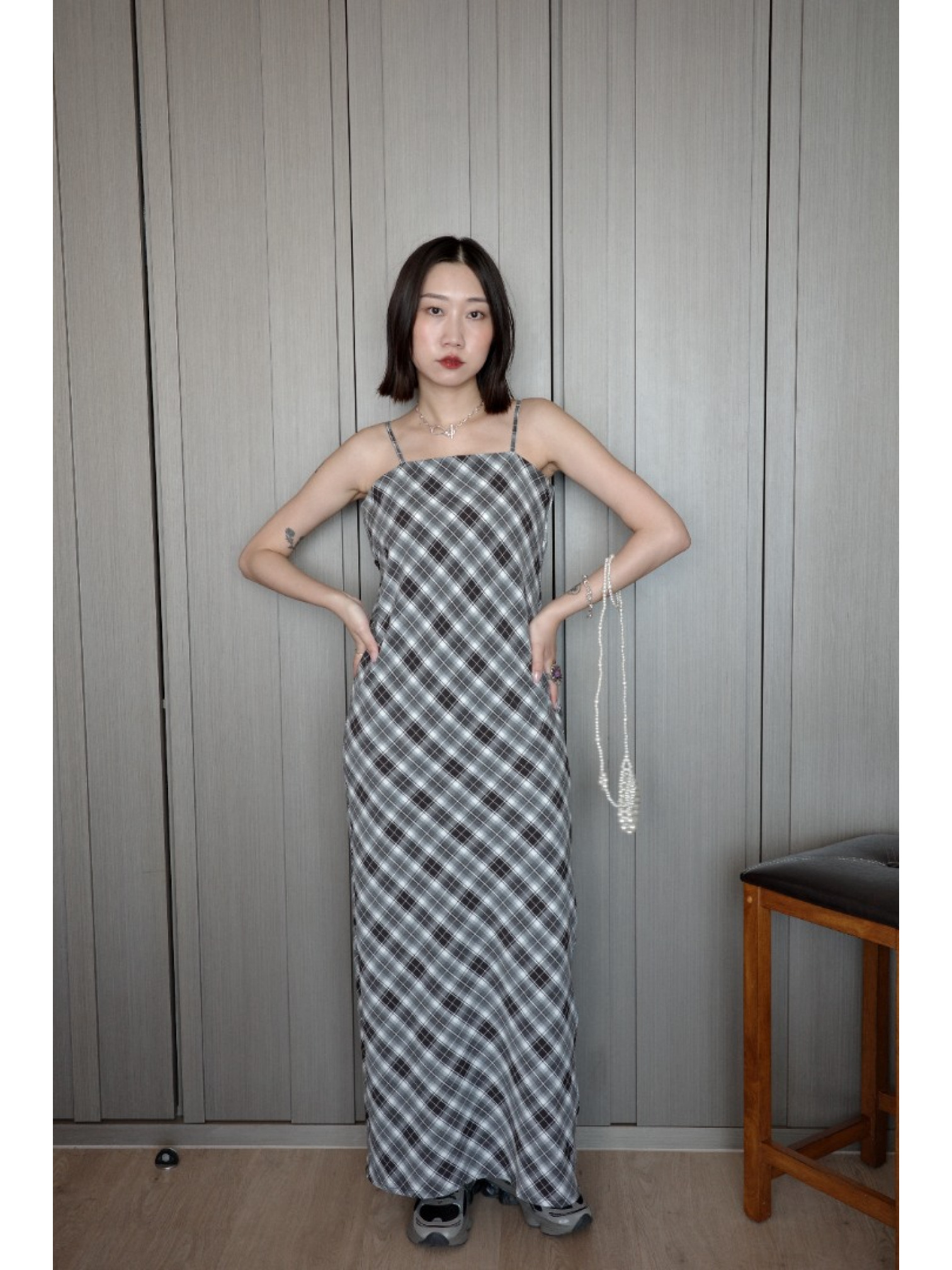 🇯🇵夏日格紋吊帶洋裝/米