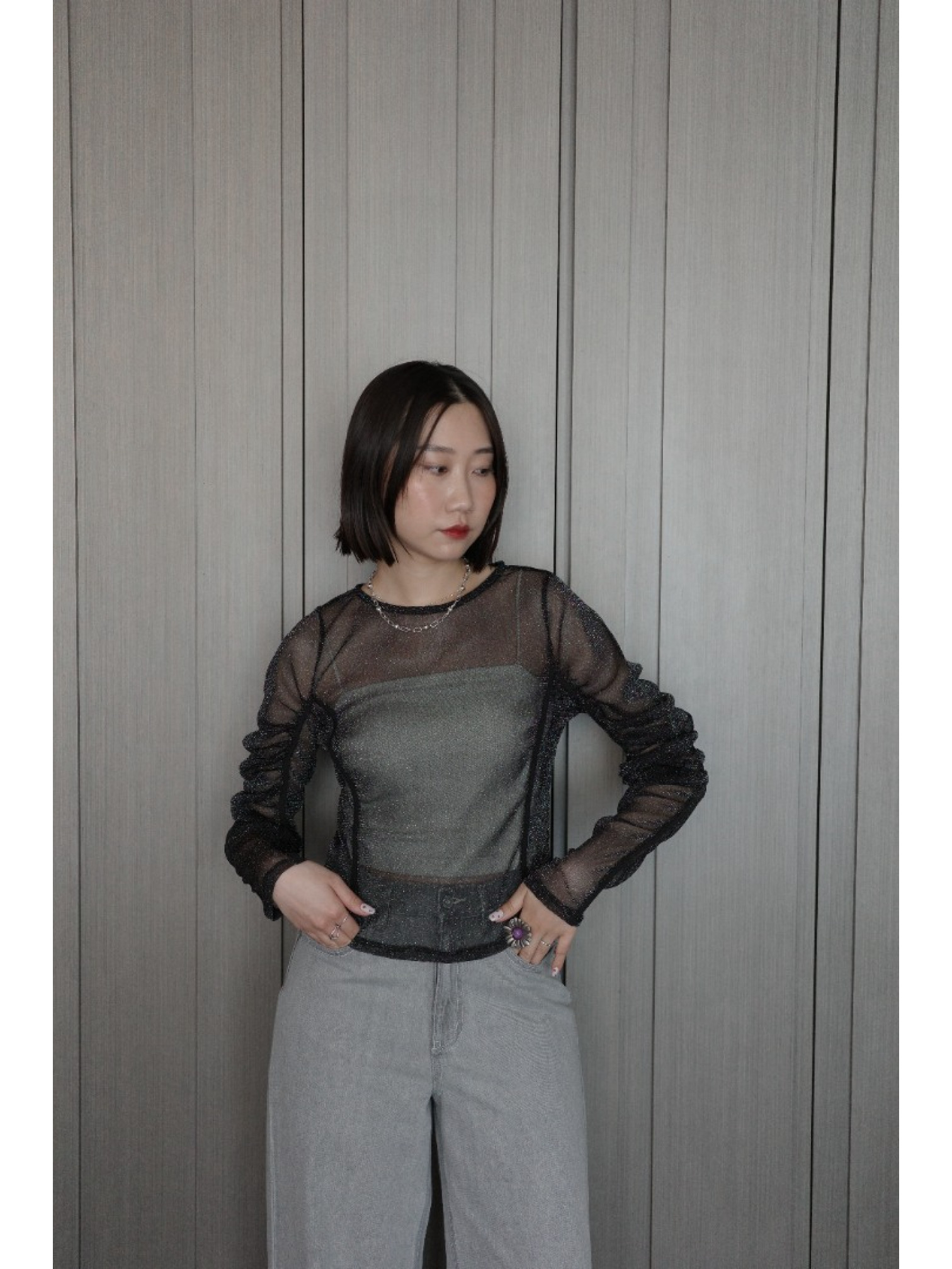 🇯🇵亮線薄紗泡泡袖透膚上衣/三色