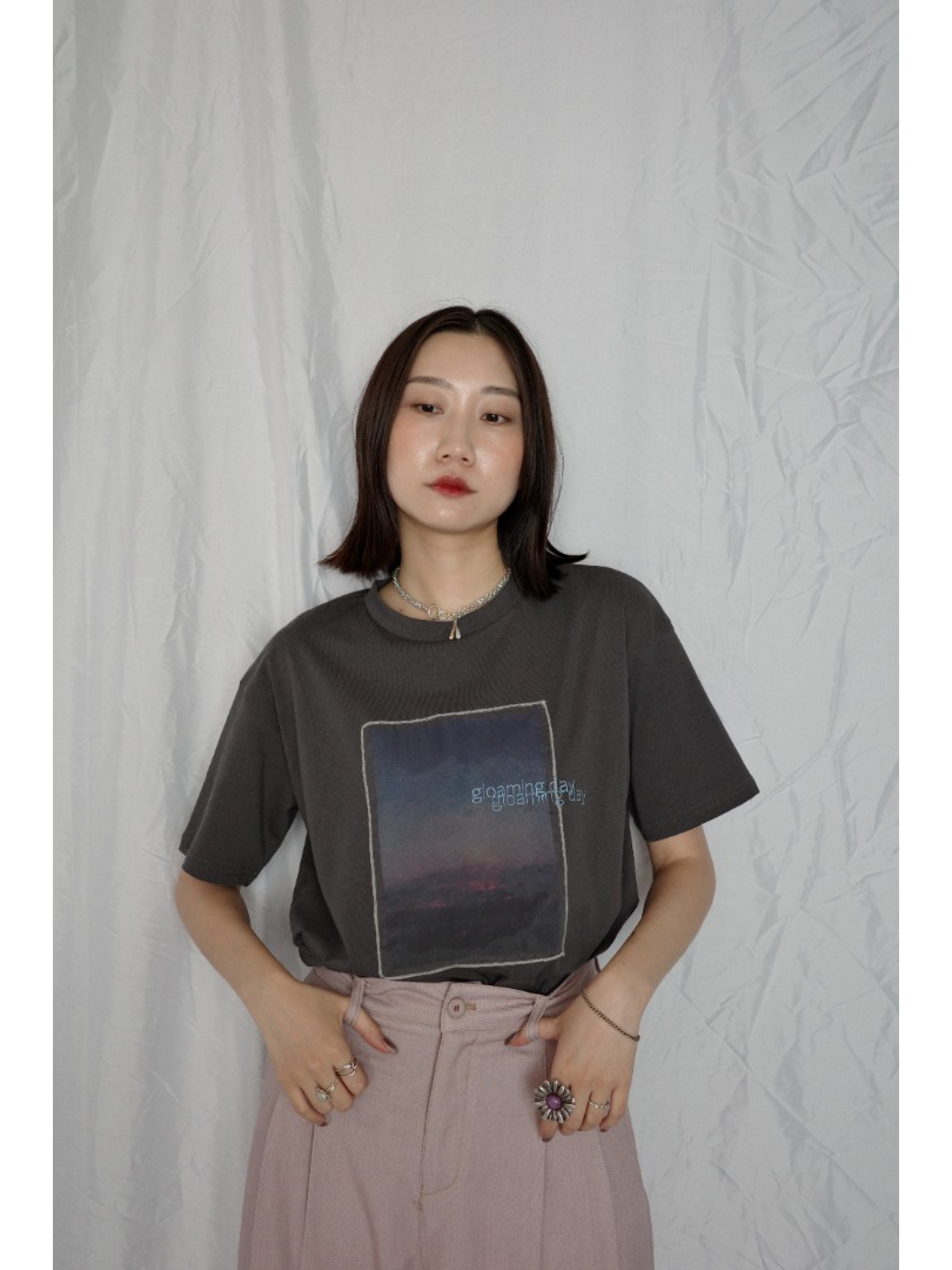 🇯🇵薄紗日落印花短T/白