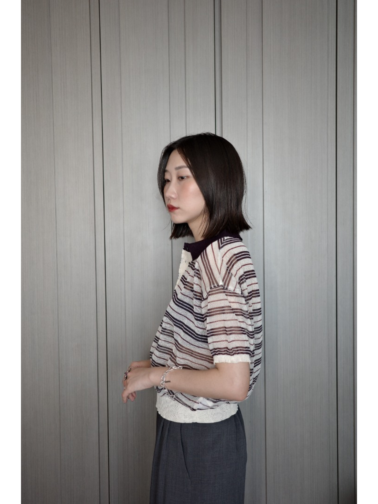 🇯🇵條紋POLO領透透針織衫/白