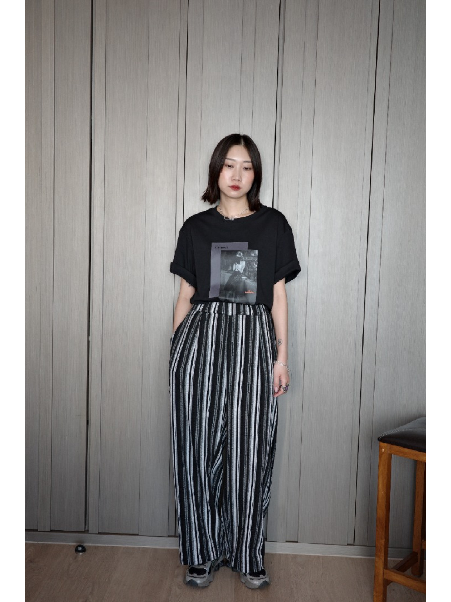 🇯🇵鬆緊條紋寬褲/M-L