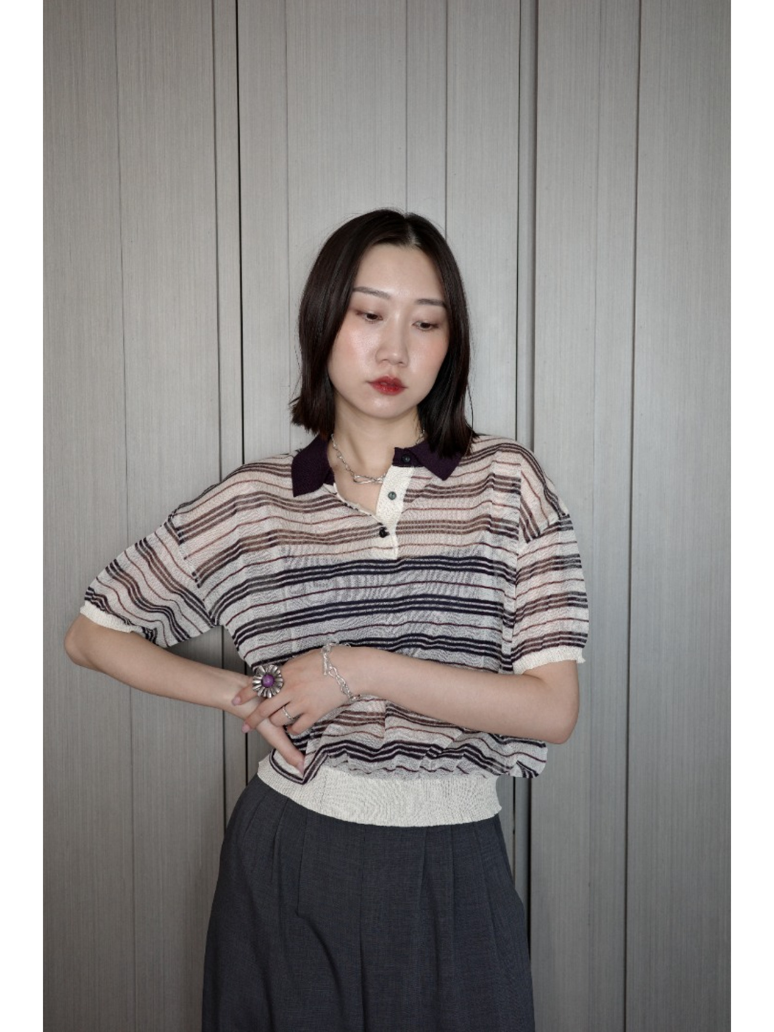 🇯🇵條紋POLO領透透針織衫/白