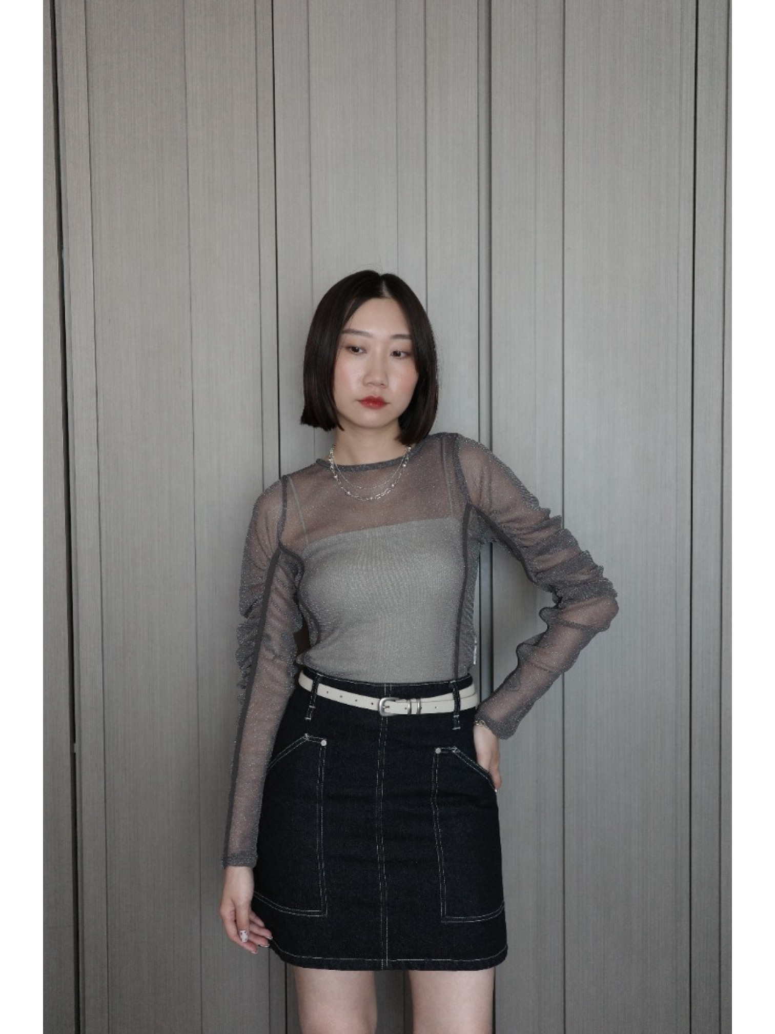 🇯🇵亮線薄紗泡泡袖透膚上衣/三色