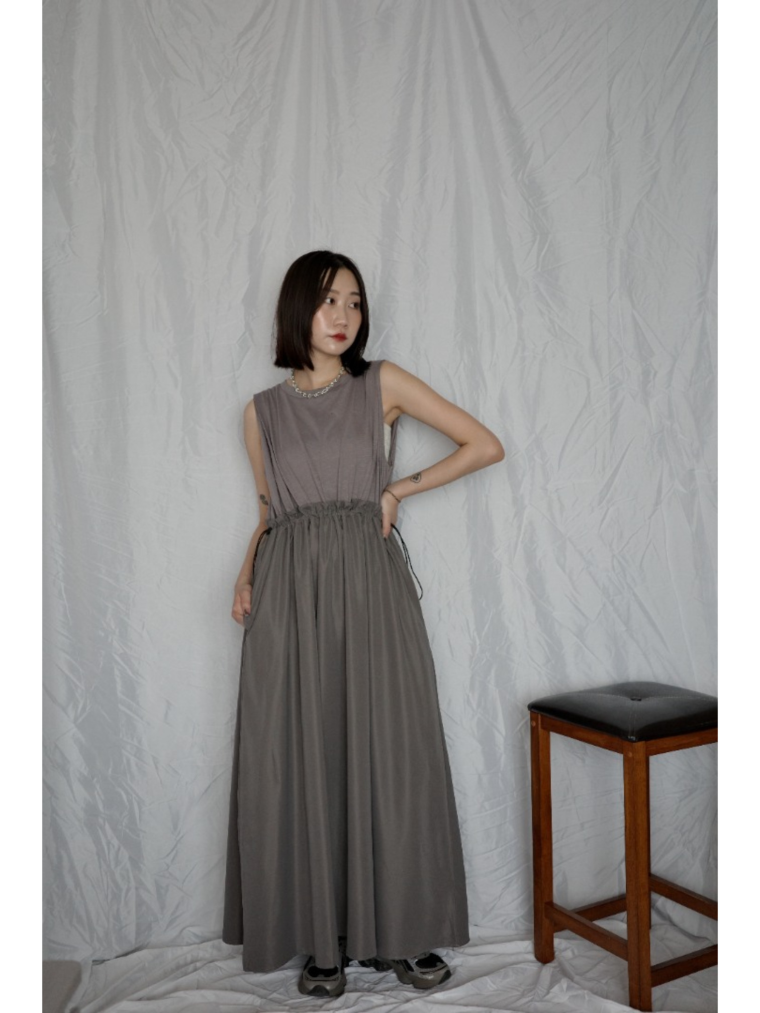 🇯🇵異材質拼接無袖洋裝/灰L