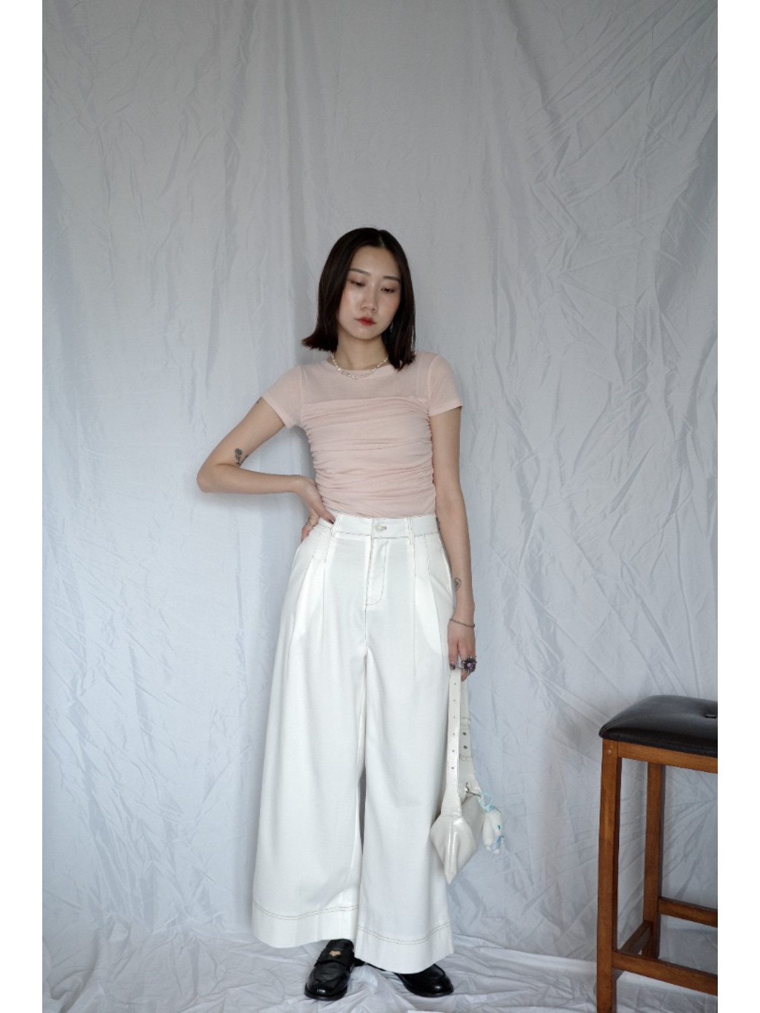 🇯🇵車線造型斜紋寬褲/白