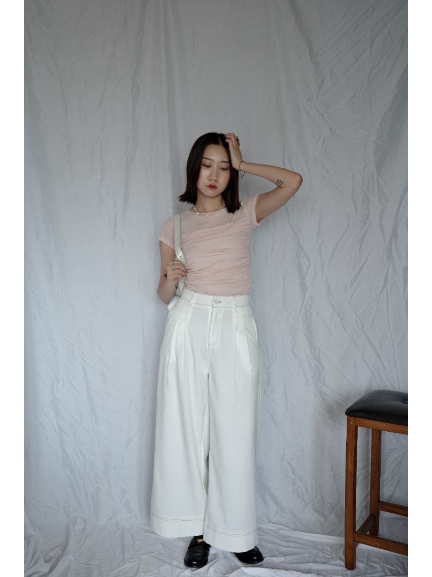 🇯🇵車線造型斜紋寬褲/白