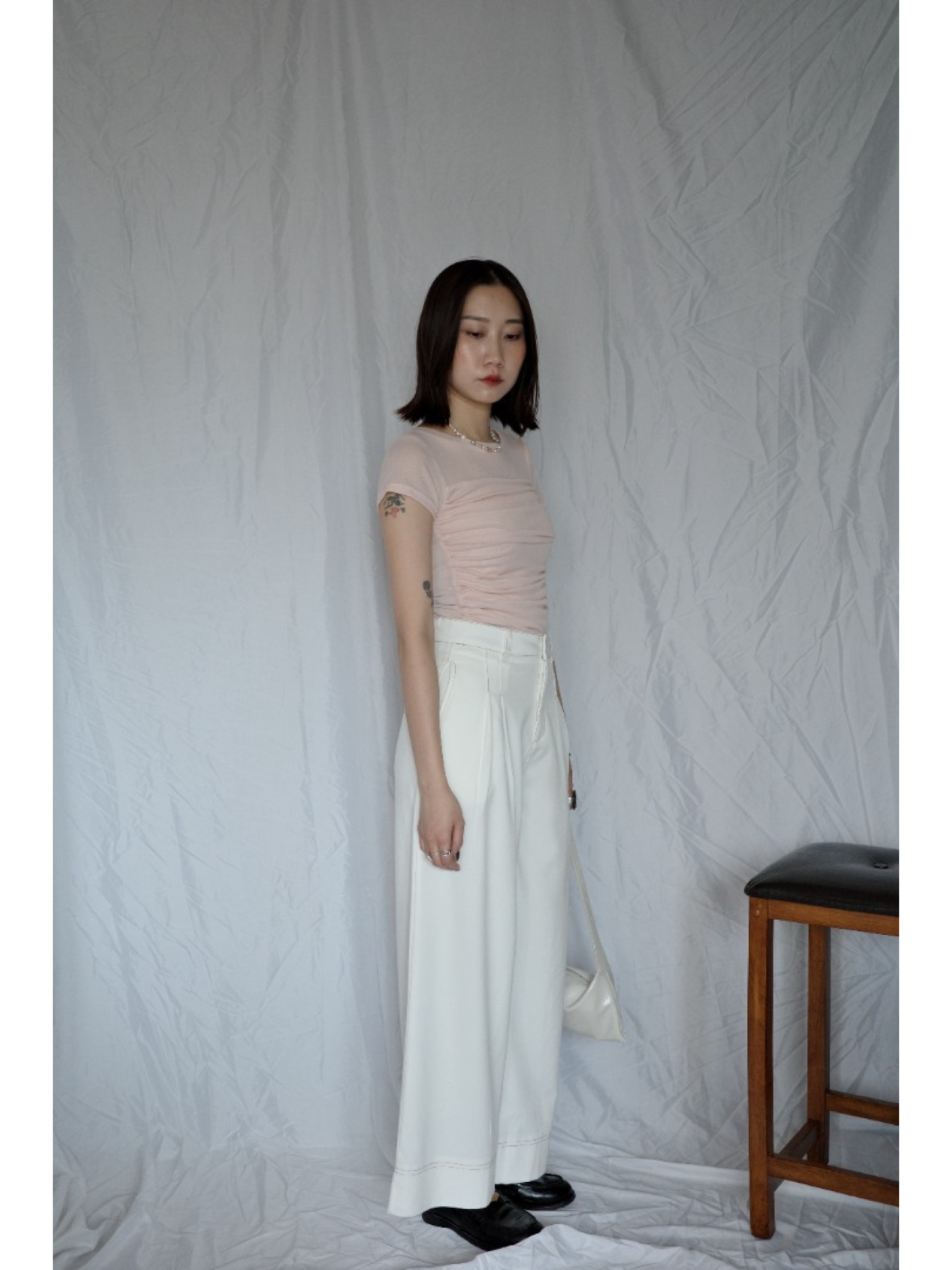 🇯🇵車線造型斜紋寬褲/白