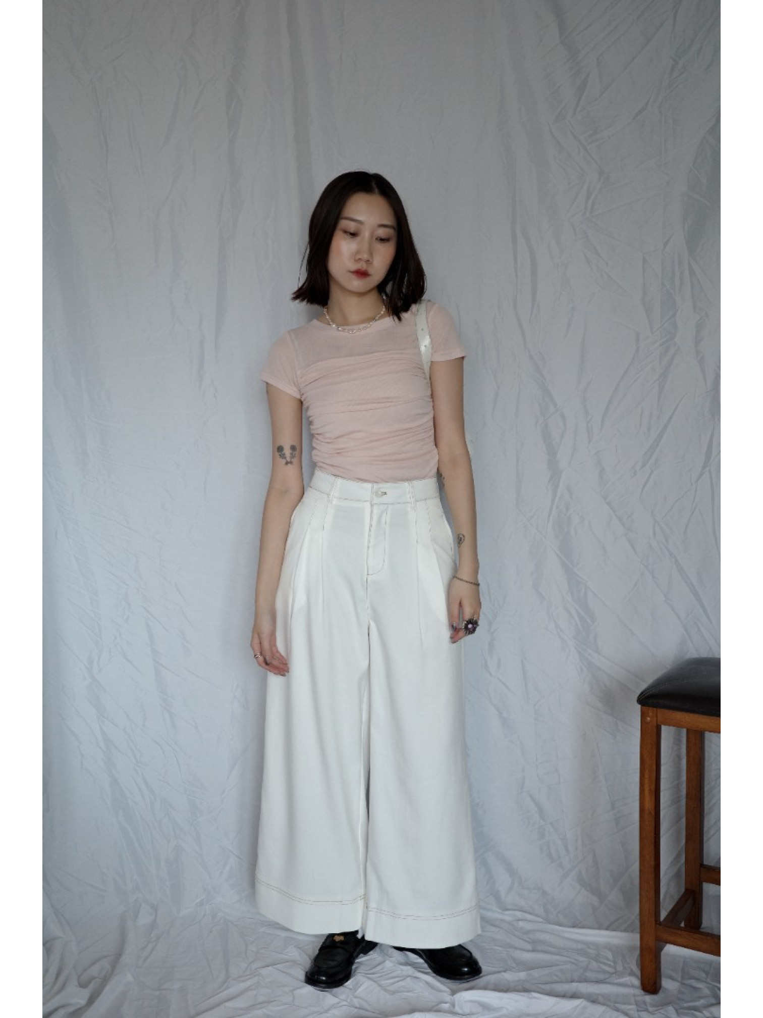 🇯🇵車線造型斜紋寬褲/白