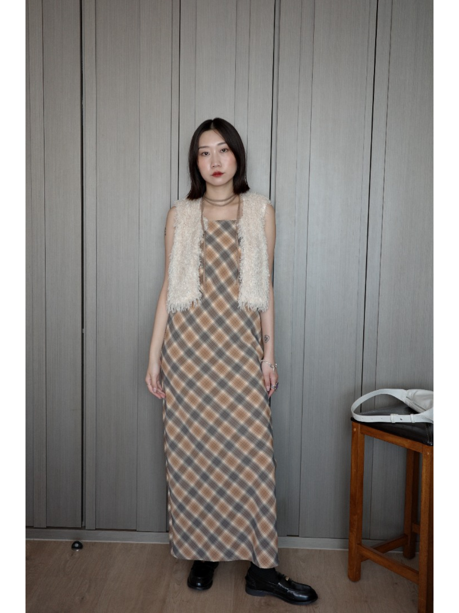 🇯🇵夏日格紋吊帶洋裝/米