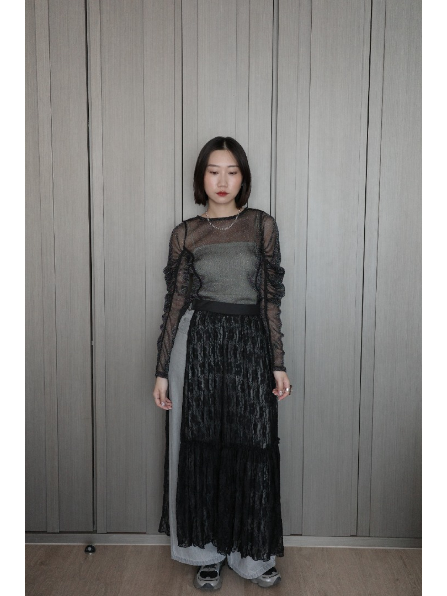 🇯🇵亮線薄紗泡泡袖透膚上衣/三色