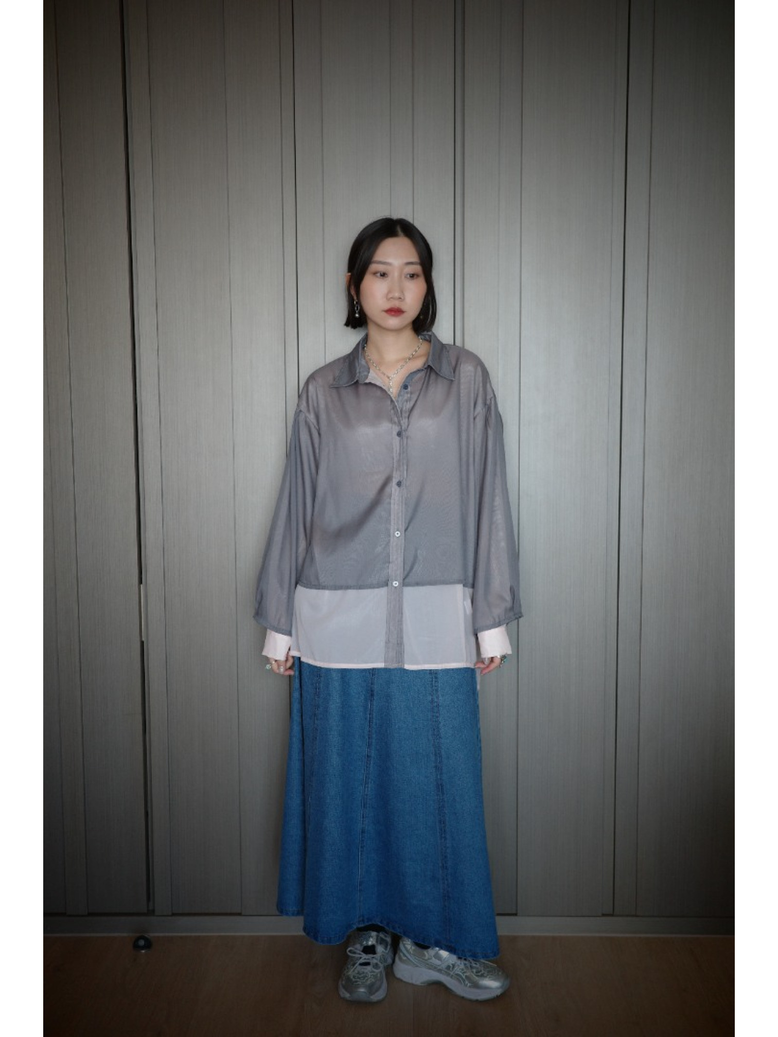 🇯🇵光澤透膚雙層襯衫/綠咖