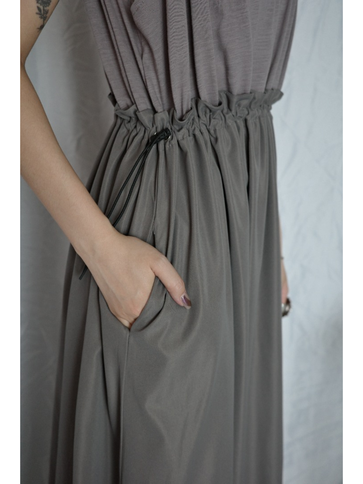 🇯🇵異材質拼接無袖洋裝/灰L