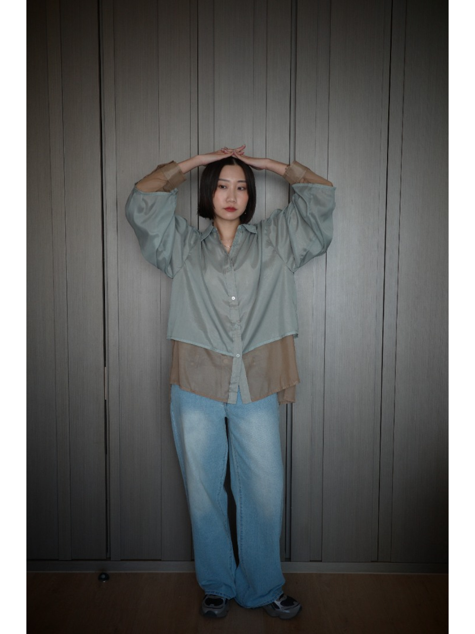 🇯🇵光澤透膚雙層襯衫/綠咖