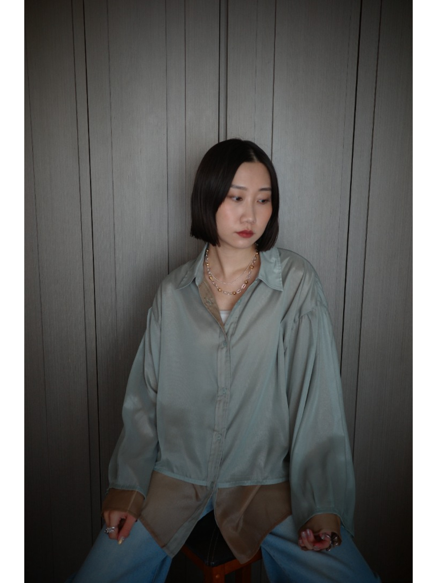 🇯🇵光澤透膚雙層襯衫/綠咖