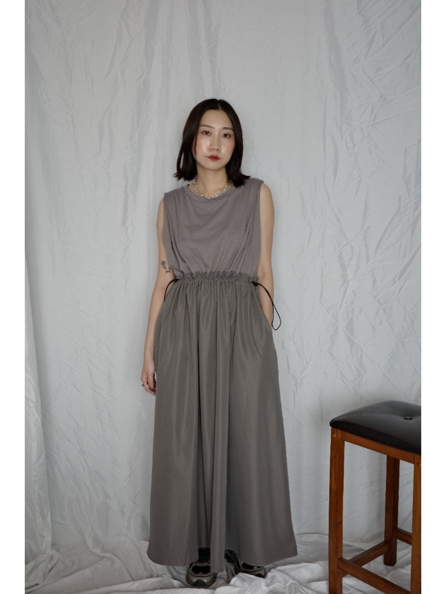 🇯🇵異材質拼接無袖洋裝/灰L