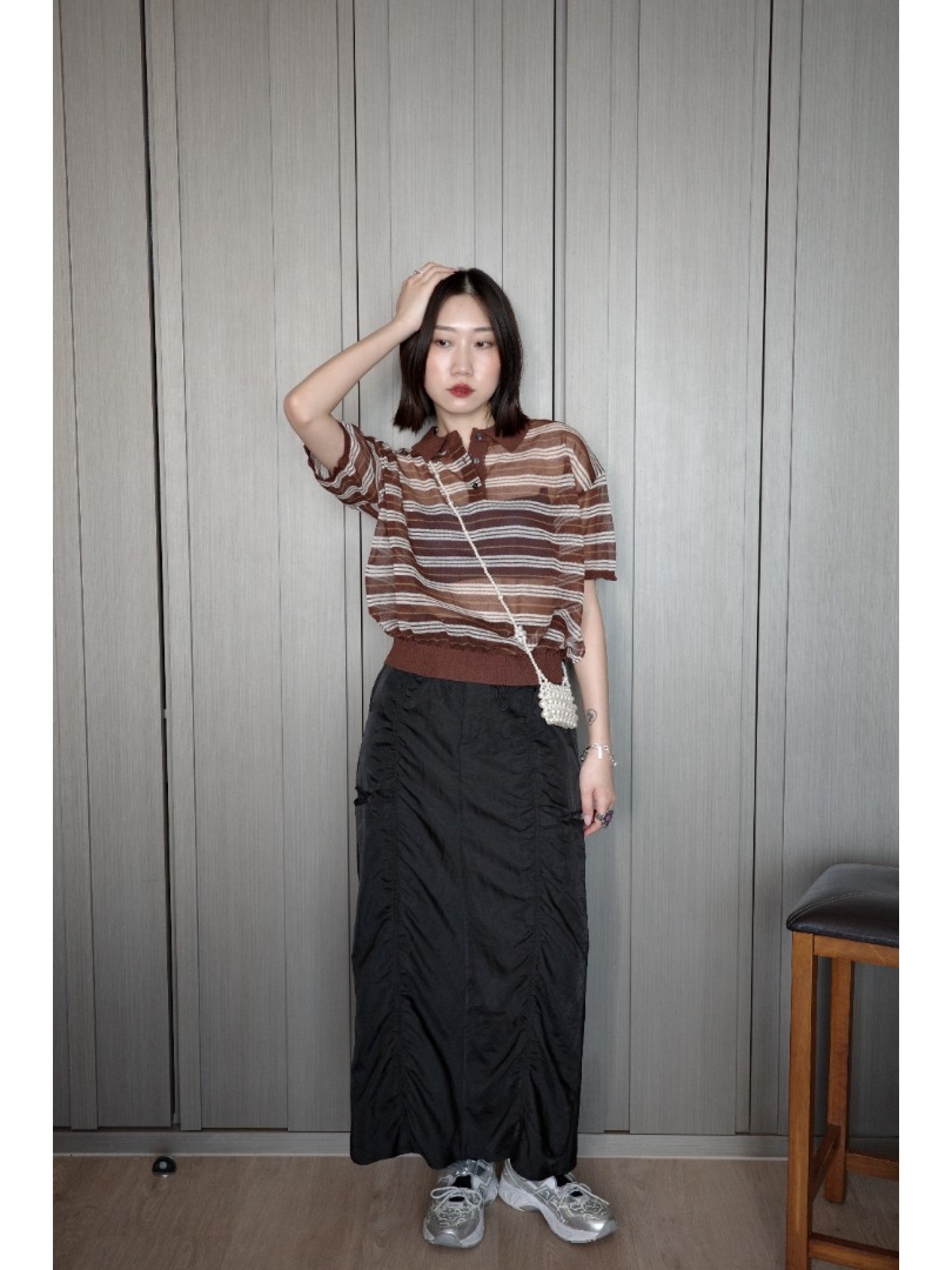 🇯🇵條紋POLO領透透針織衫/白