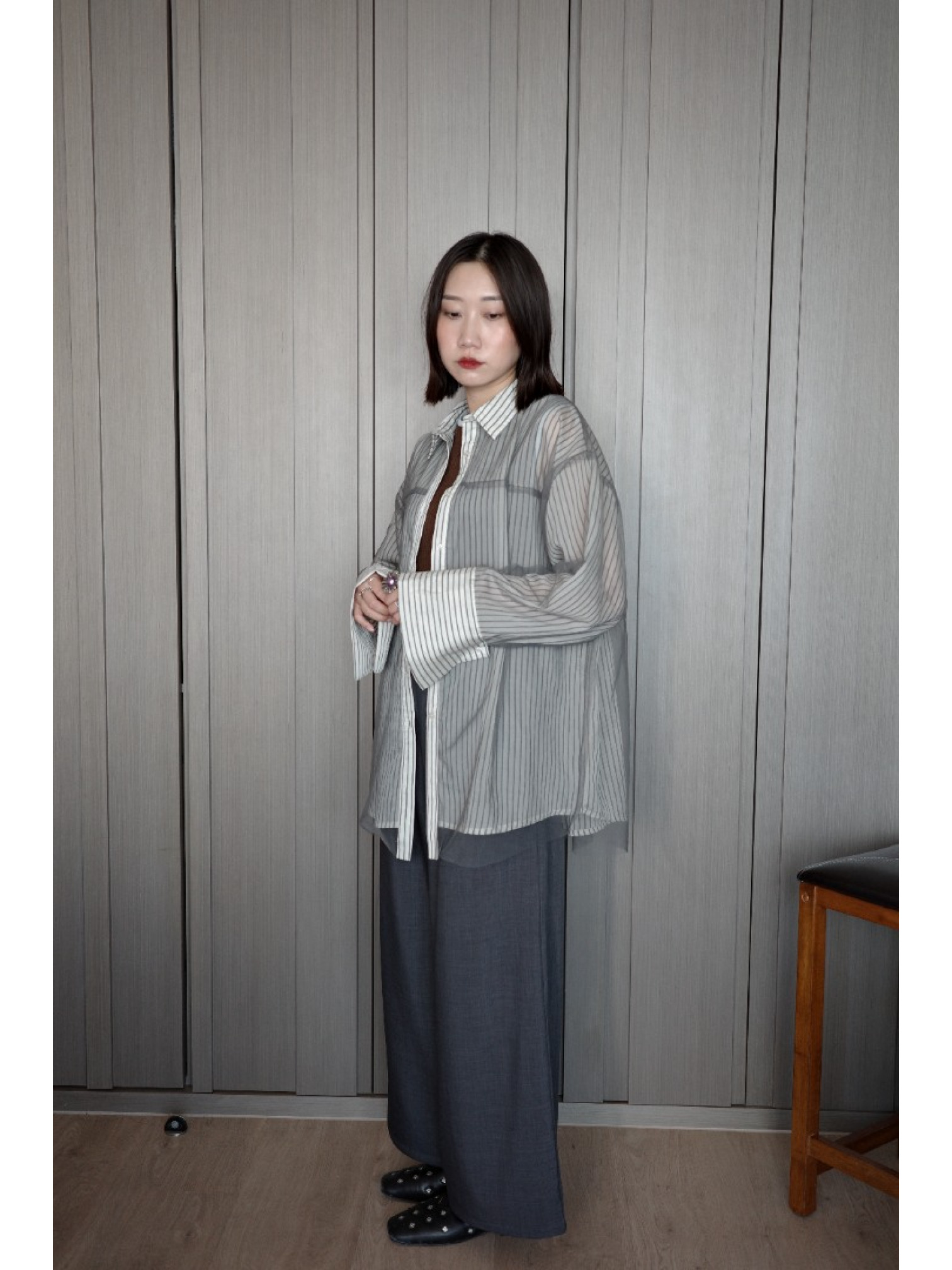 🇯🇵透感條紋襯衫/白x黑