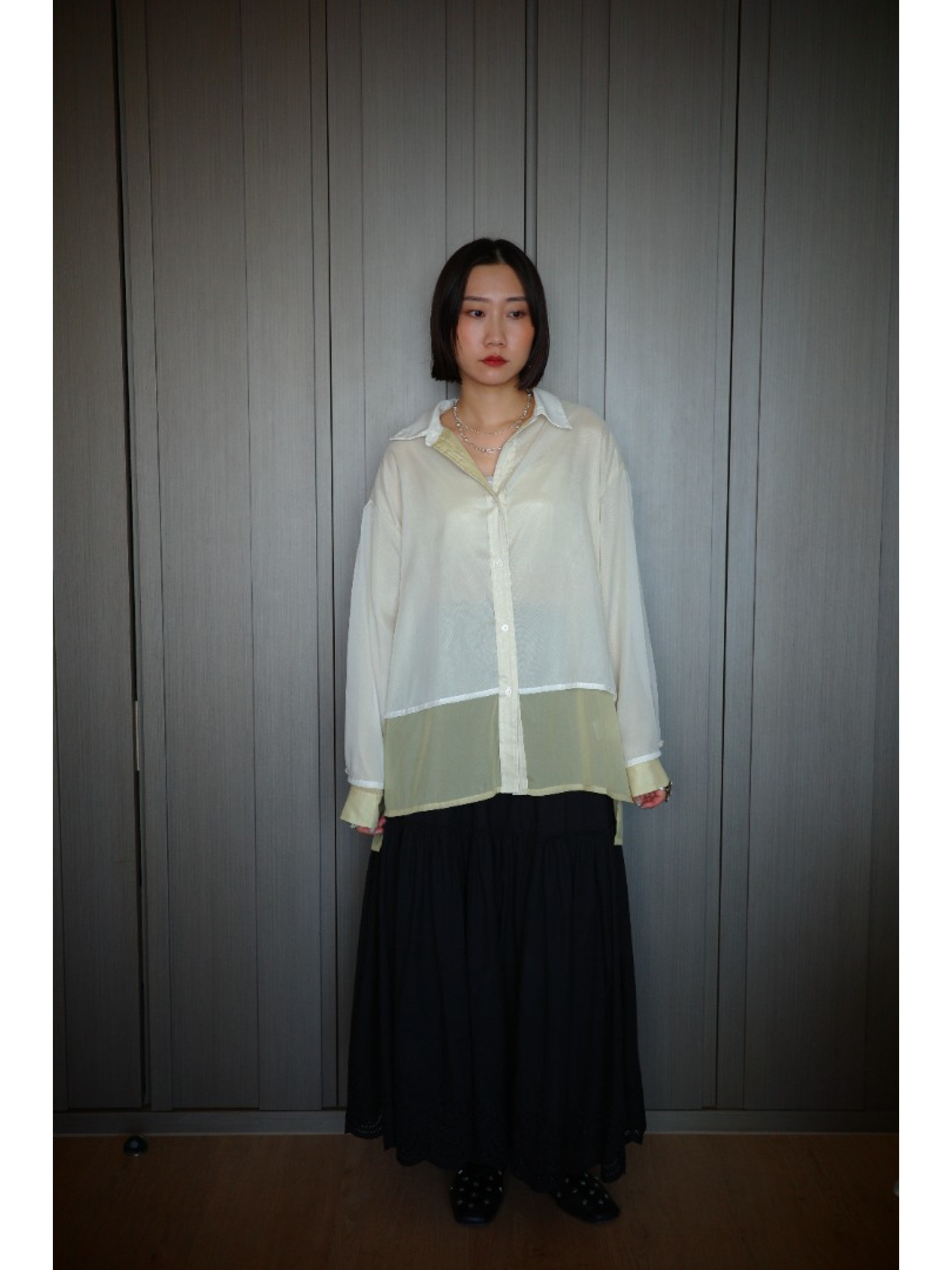 🇯🇵光澤透膚雙層襯衫/綠咖
