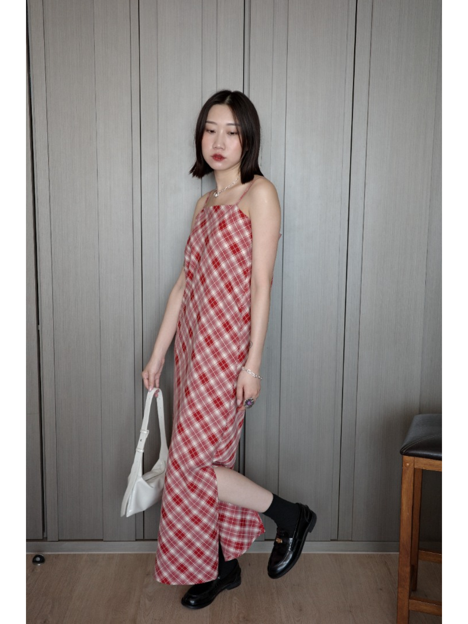 🇯🇵夏日格紋吊帶洋裝/米