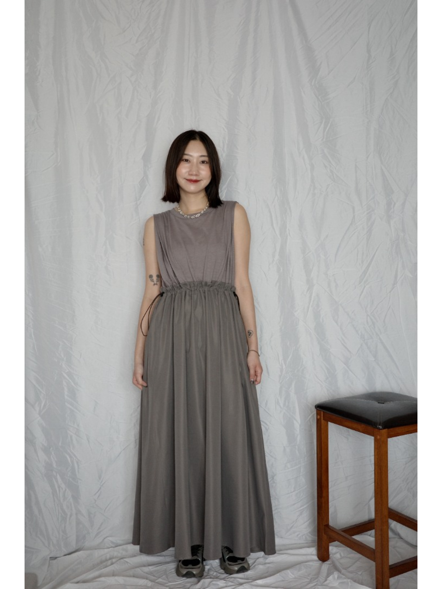 🇯🇵異材質拼接無袖洋裝/灰L