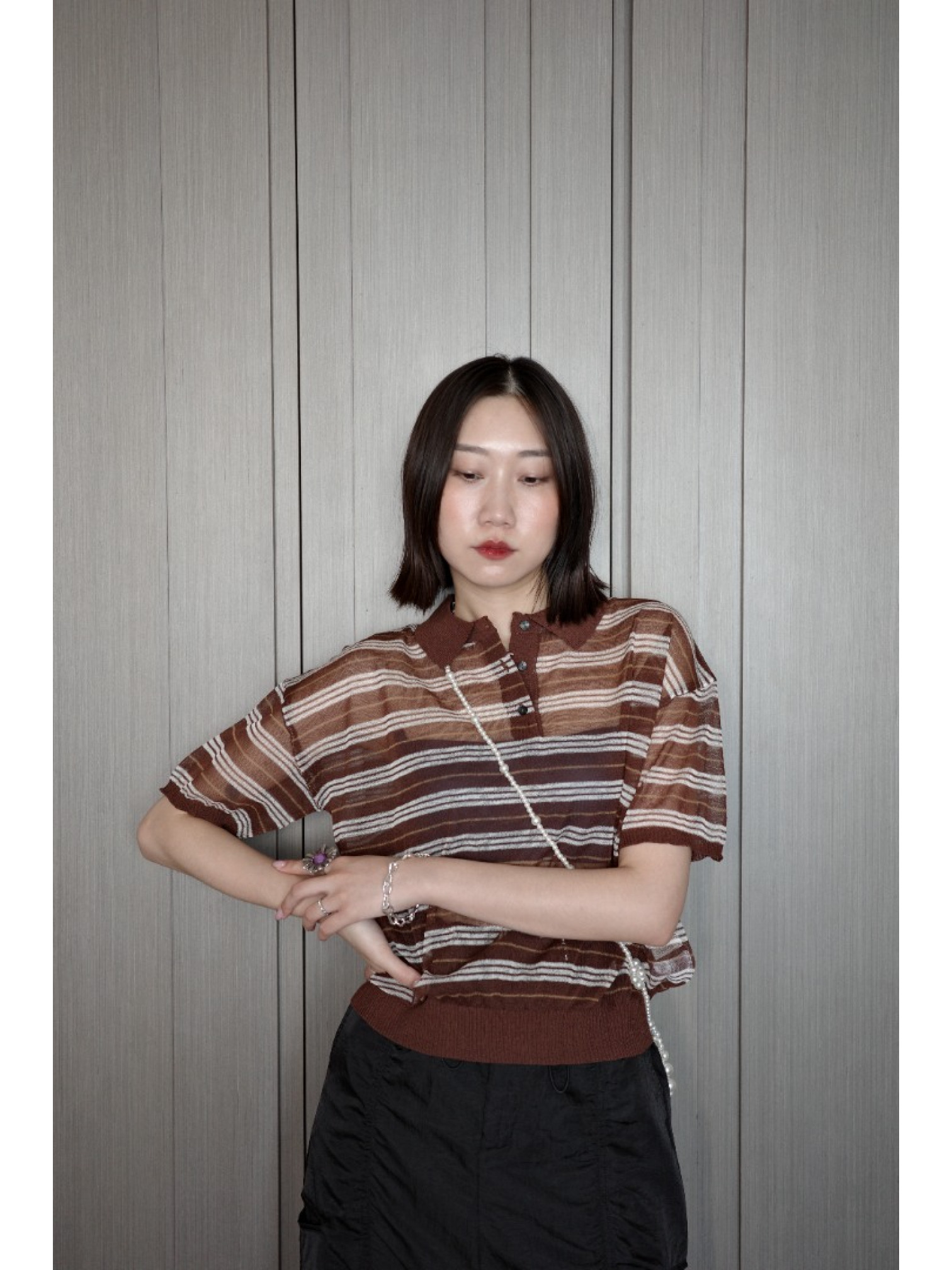 🇯🇵條紋POLO領透透針織衫/白