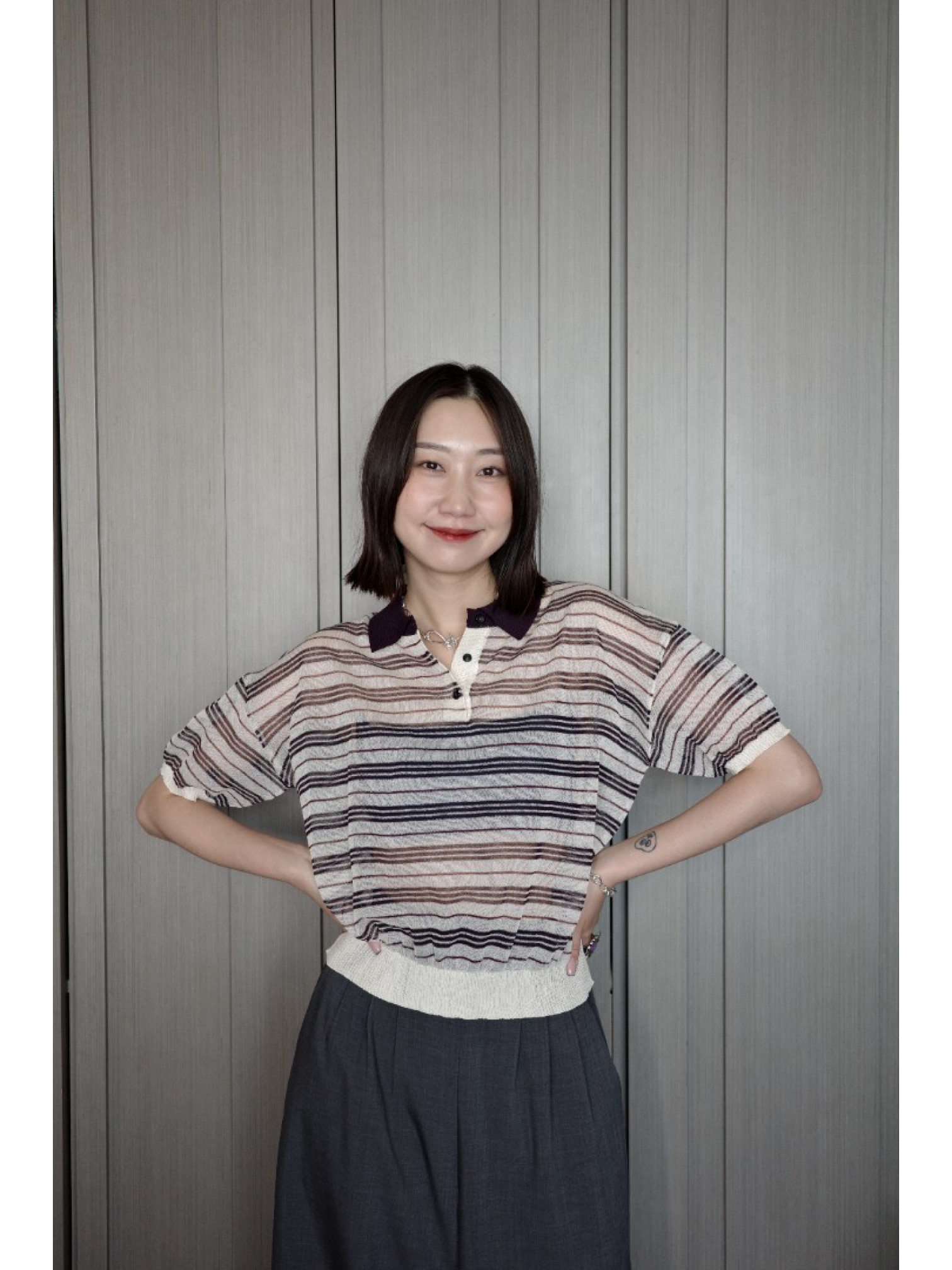 🇯🇵條紋POLO領透透針織衫/白