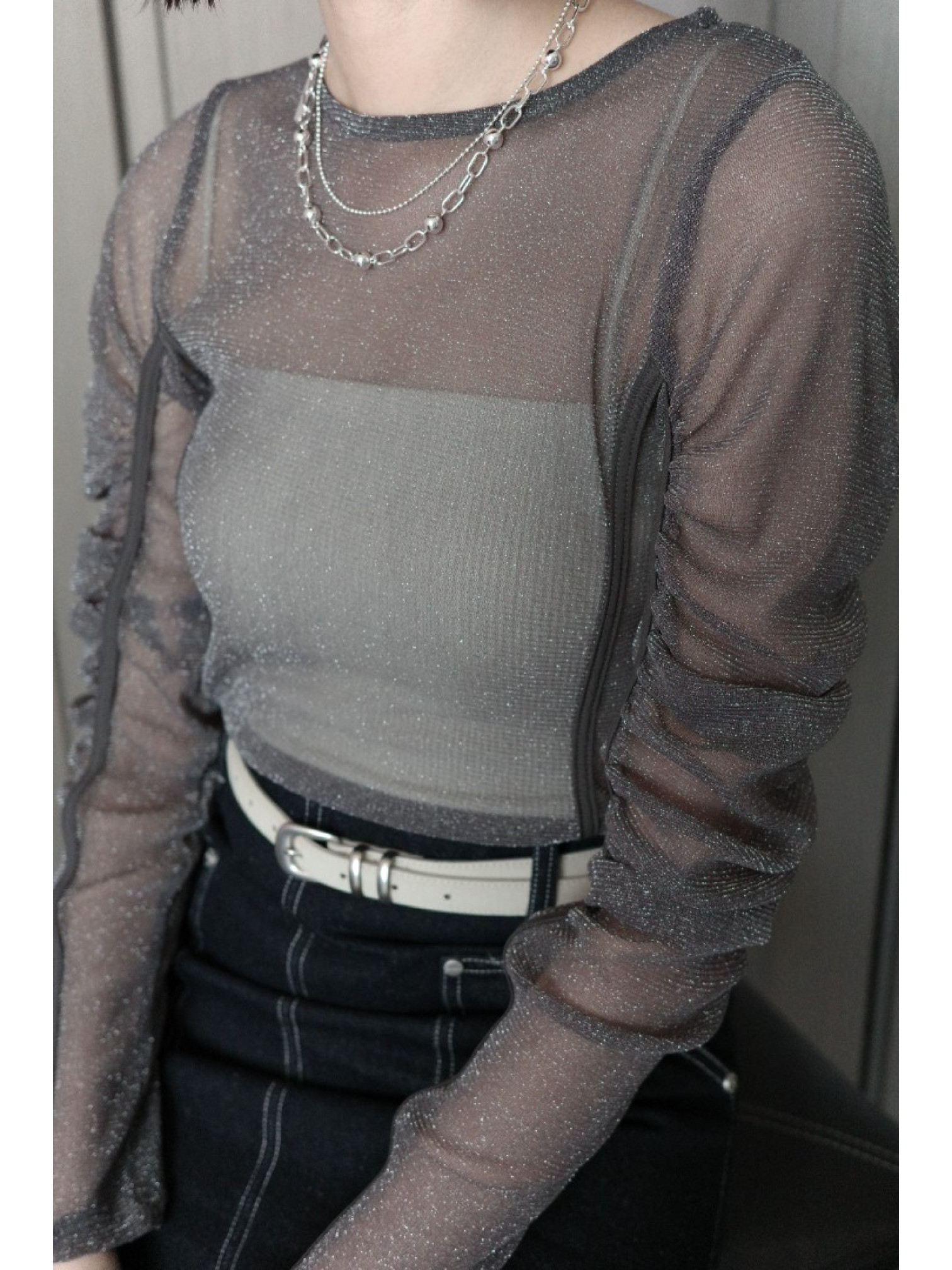 🇯🇵亮線薄紗泡泡袖透膚上衣/三色