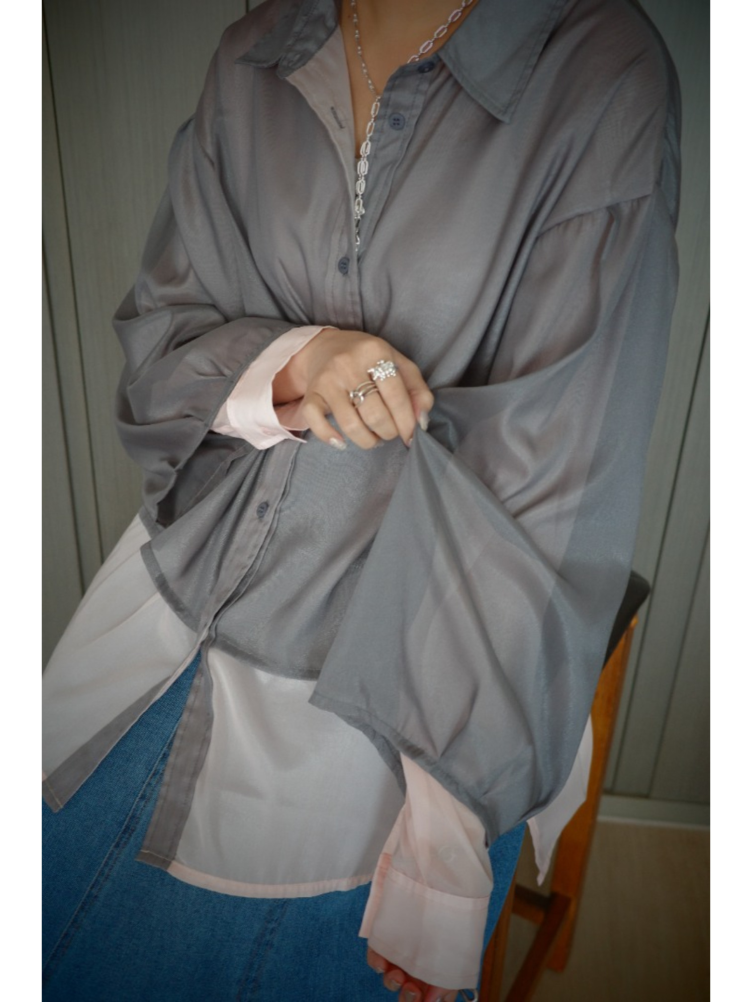 🇯🇵光澤透膚雙層襯衫/綠咖