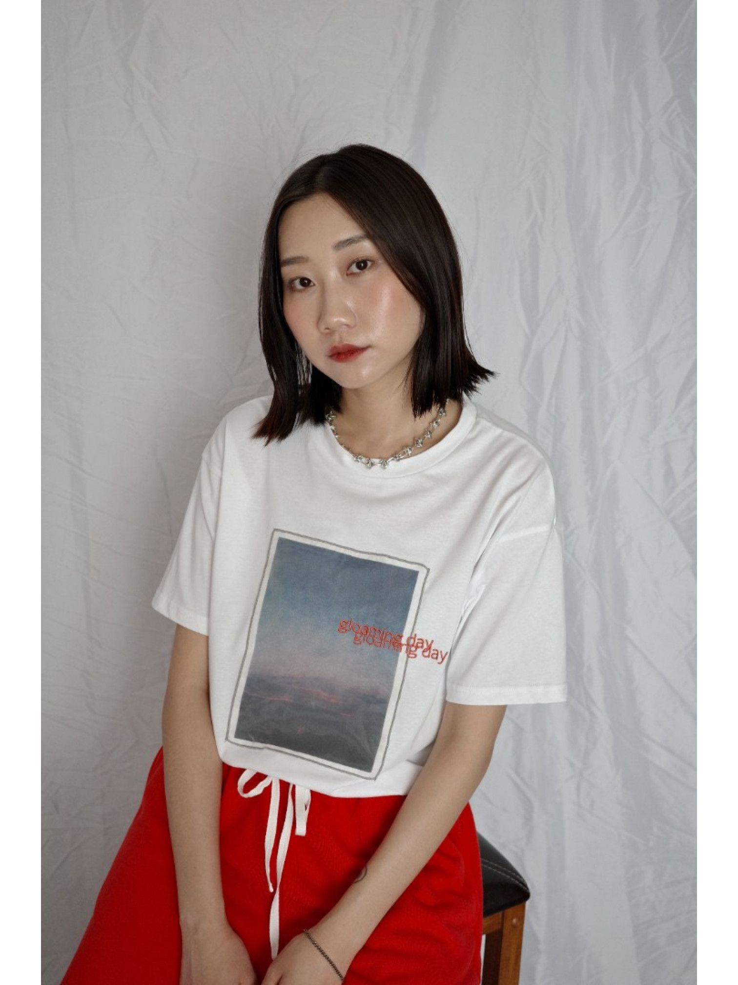 🇯🇵薄紗日落印花短T/白