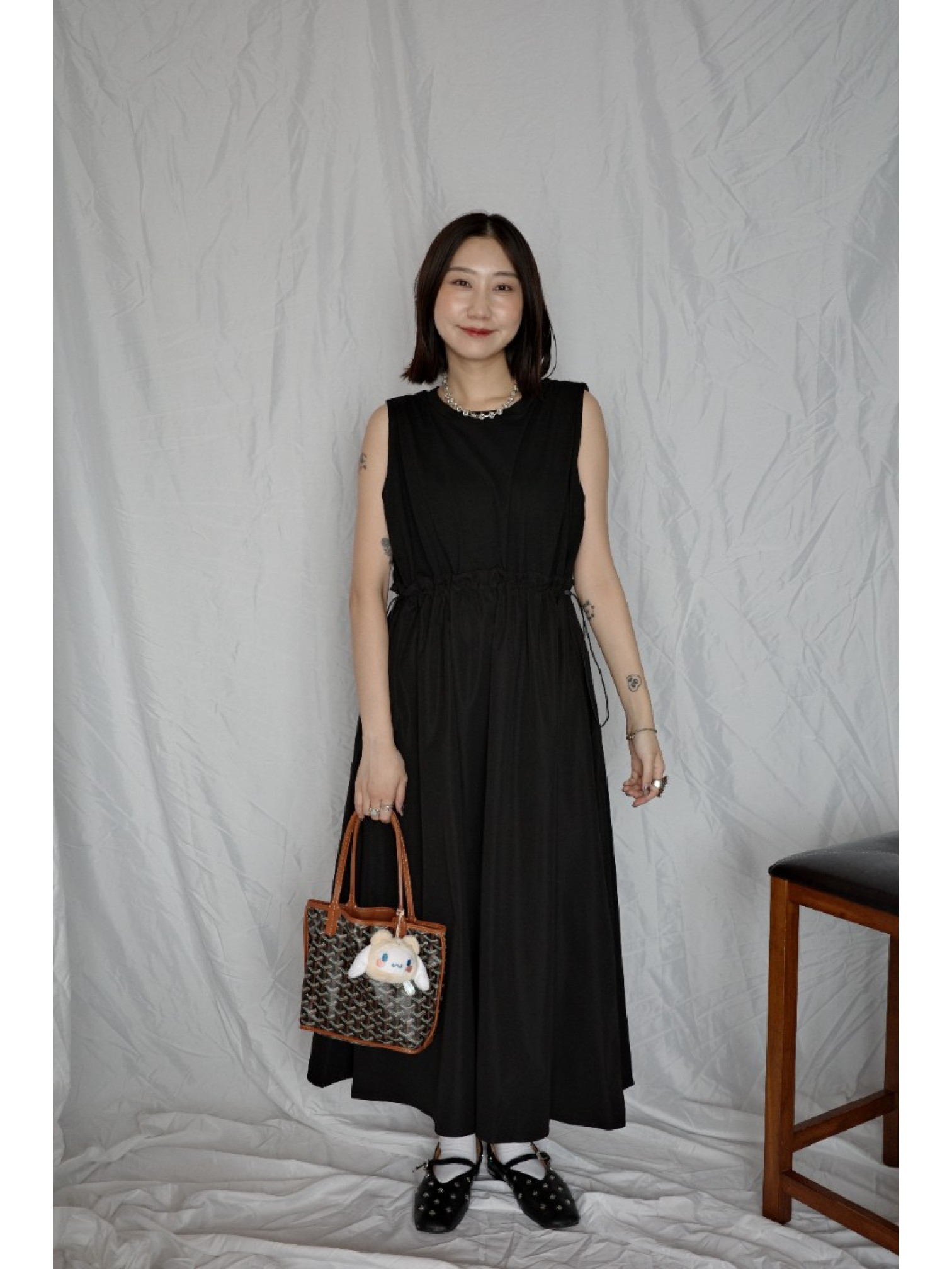 🇯🇵異材質拼接無袖洋裝/黑L