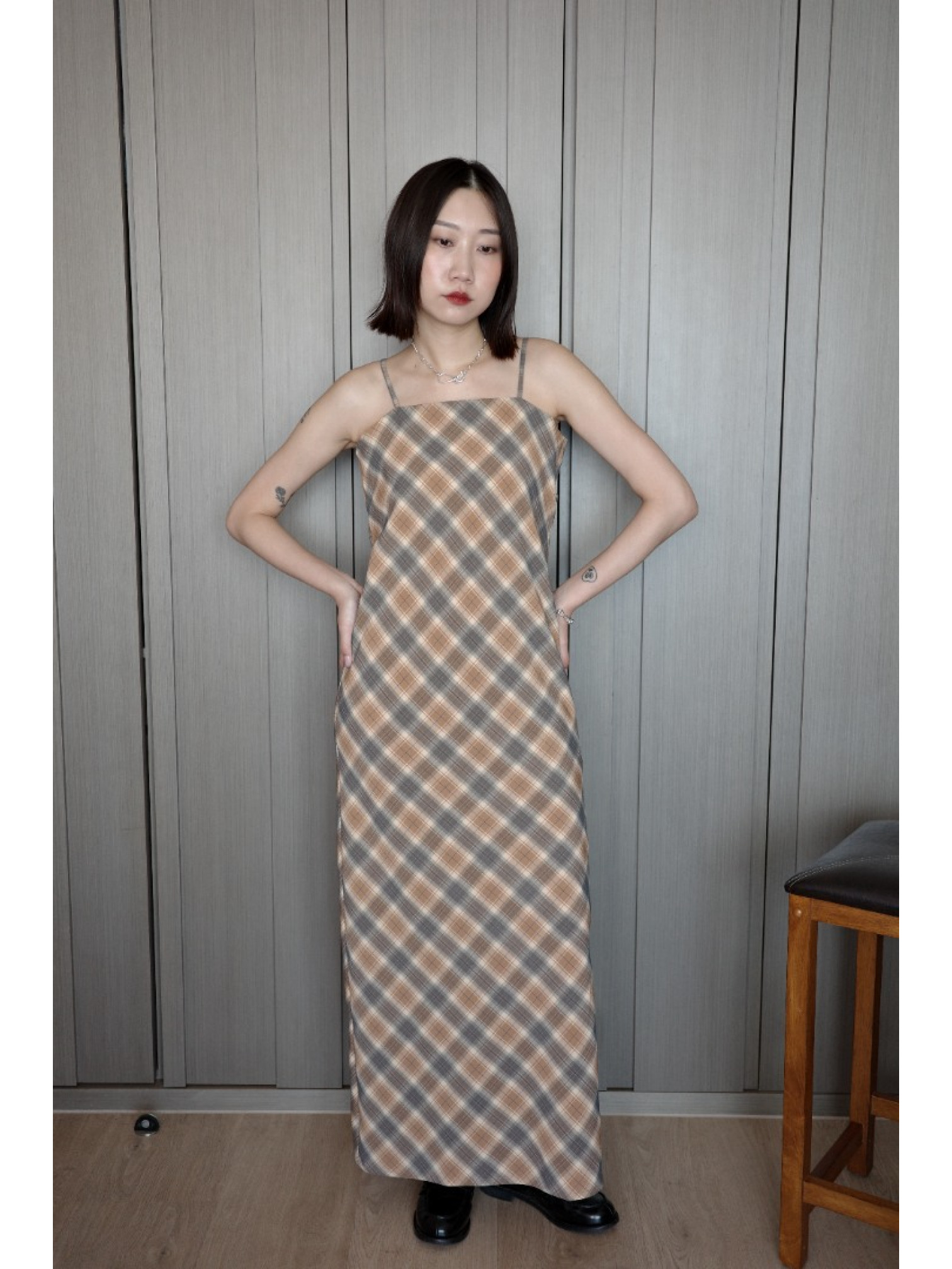 🇯🇵夏日格紋吊帶洋裝/米