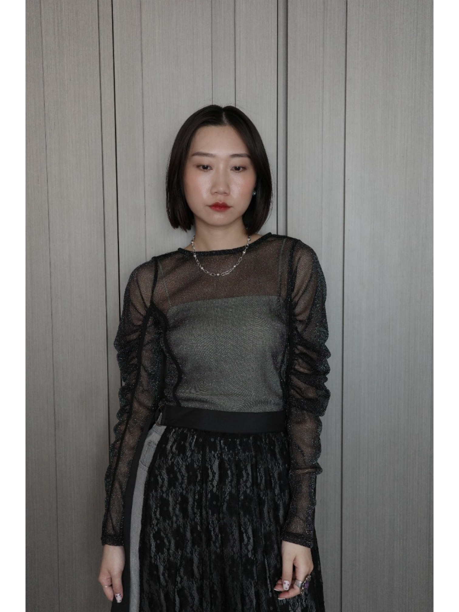 🇯🇵亮線薄紗泡泡袖透膚上衣/三色