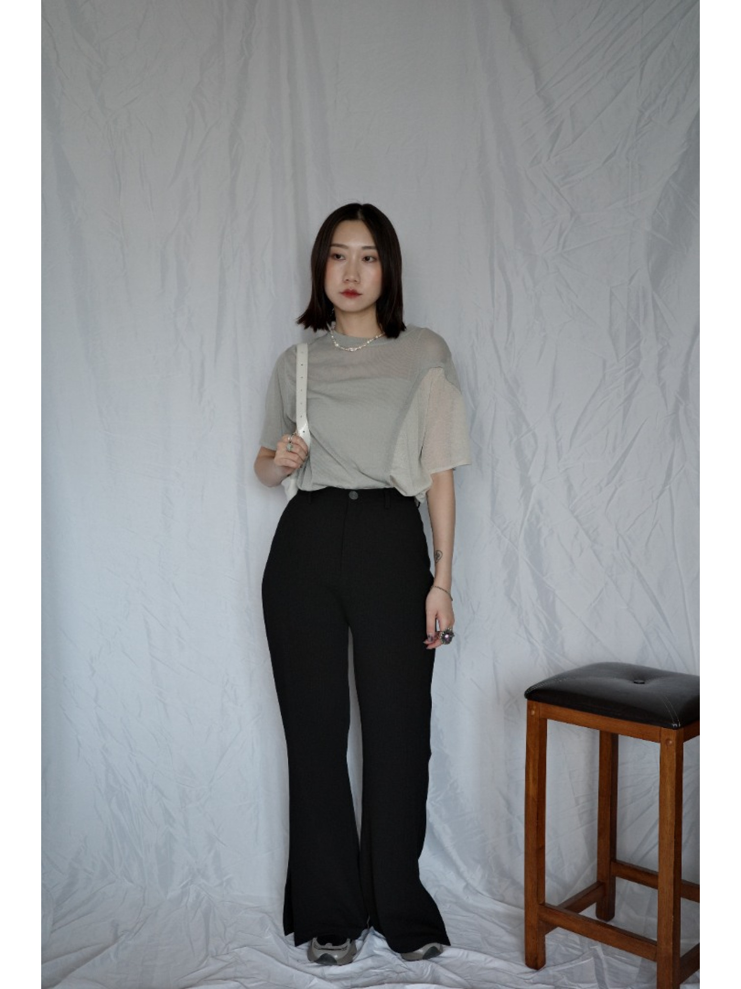 🇯🇵拼接造型透感針織上衣/灰綠