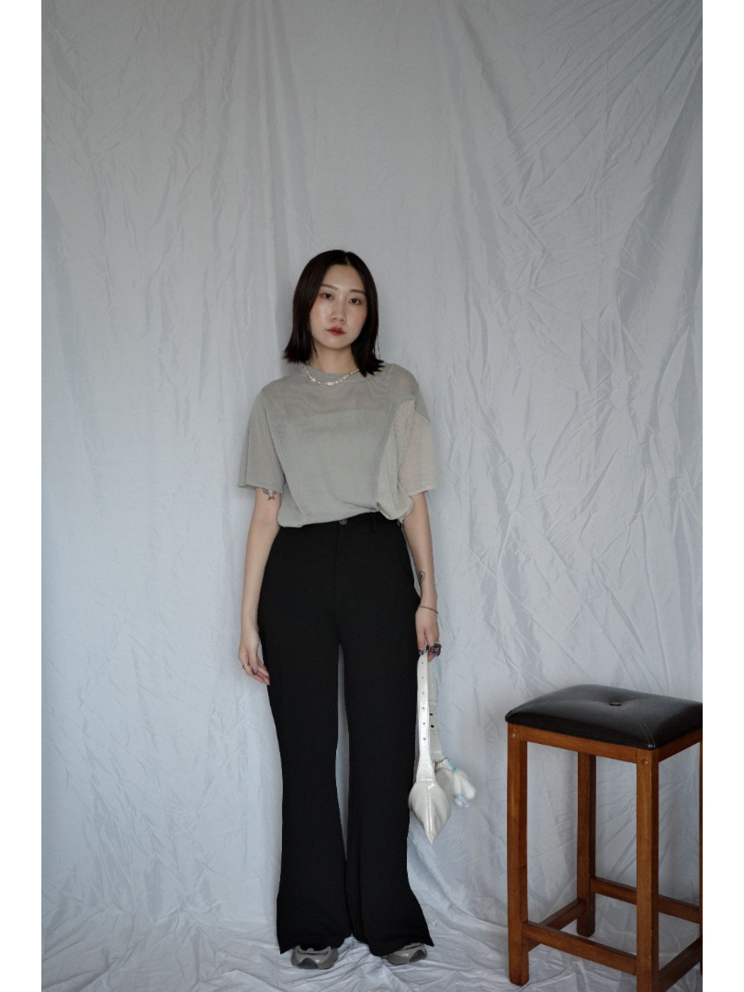 🇯🇵拼接造型透感針織上衣/灰綠