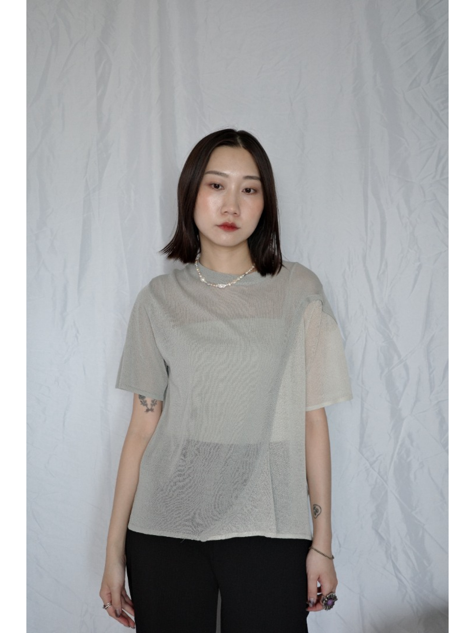 🇯🇵拼接造型透感針織上衣/灰綠